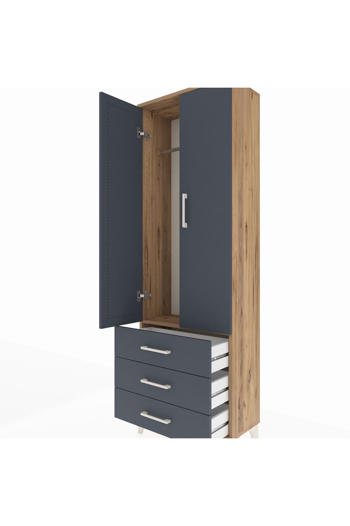 Arges Dolap Tek Raflı 3 Çekmeceli Tek Askılı 60x30x182 Çam-Antrasit