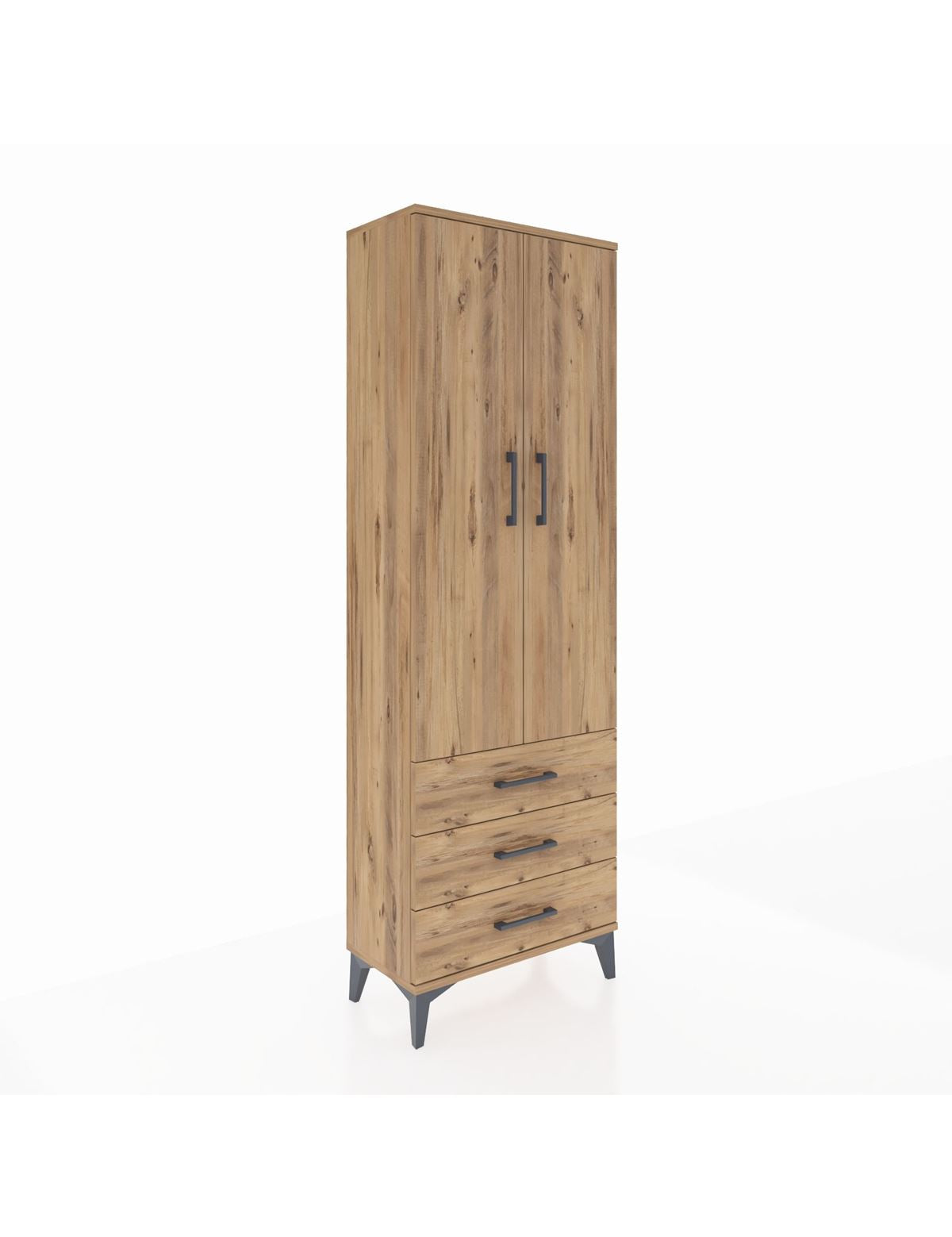 Arges Dolap Tek Raflı 3 Çekmeceli Tek Askılı 60x30x182 Çam-Çam