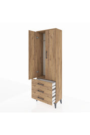 Arges Dolap Tek Raflı 3 Çekmeceli Tek Askılı 60x30x182 Çam-Çam