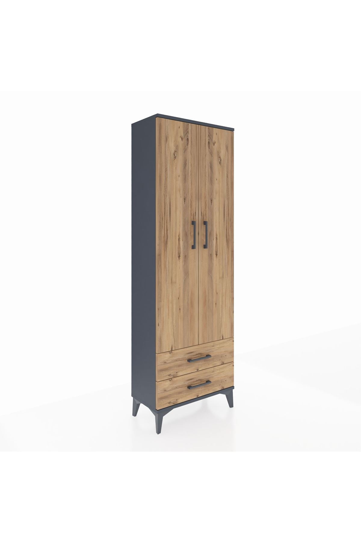 Arges Dolap 2 Raflı 2 Çekmeceli Tek Askılı 60x30x182 Antrasit-Çam