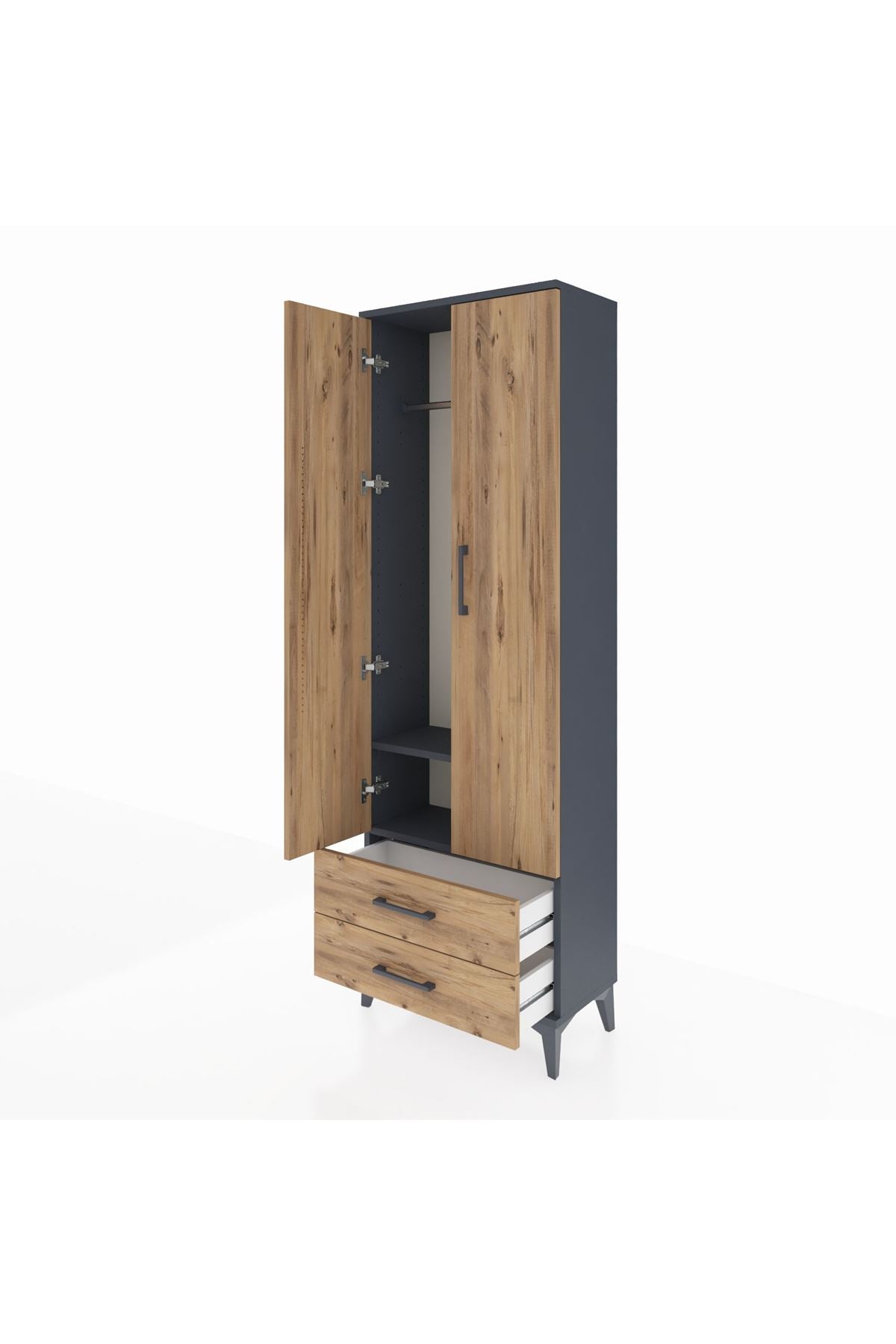 Arges Dolap 2 Raflı 2 Çekmeceli Tek Askılı 60x30x182 Antrasit-Çam