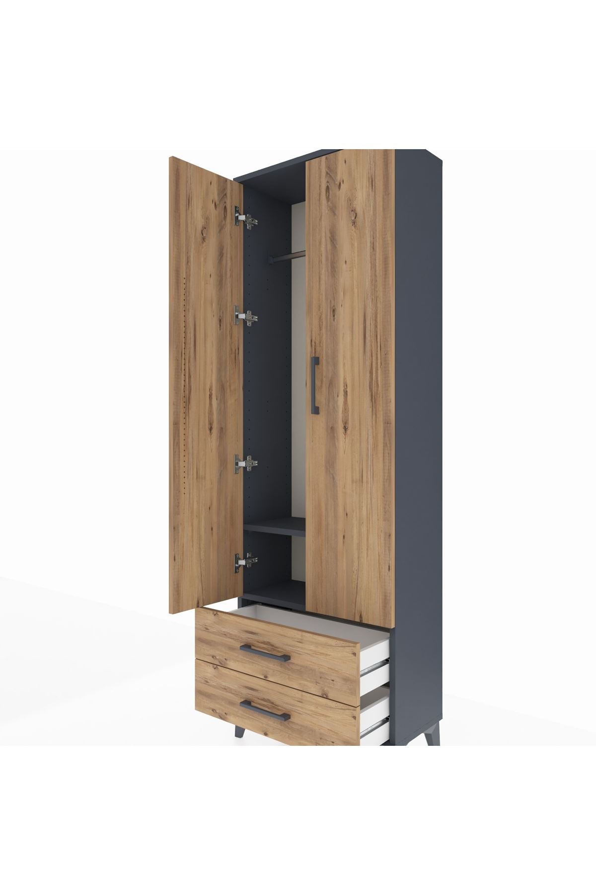 Arges Dolap 2 Raflı 2 Çekmeceli Tek Askılı 60x30x182 Antrasit-Çam