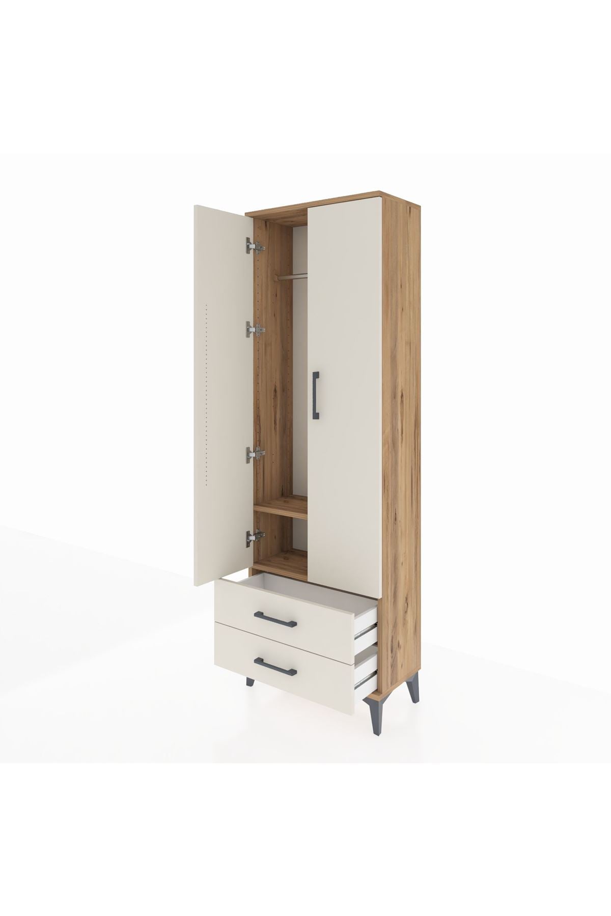 Arges Dolap 2 Raflı 2 Çekmeceli Tek Askılı 60x30x182 Çam-Aytaşı