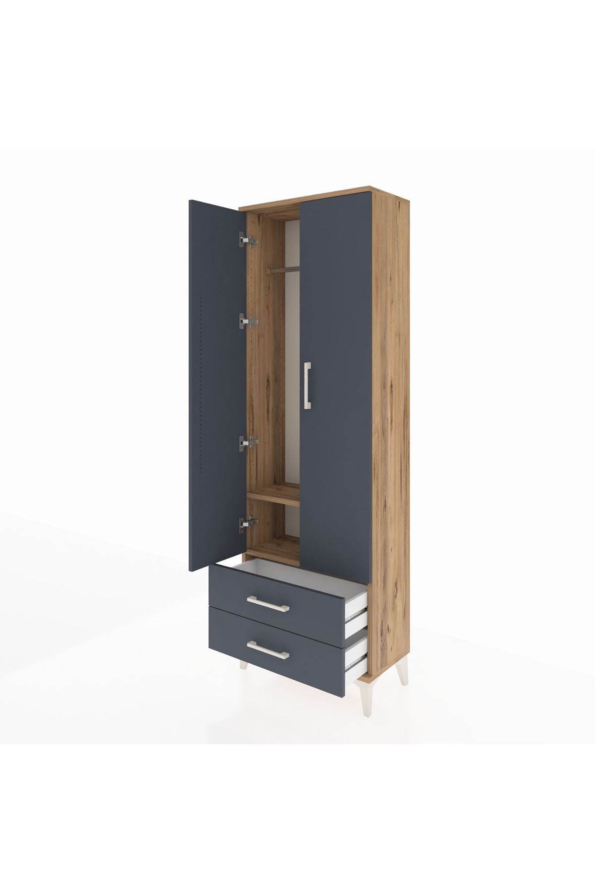 Arges Dolap 2 Raflı 2 Çekmeceli Tek Askılı 60x30x182 Çam-Antrasit