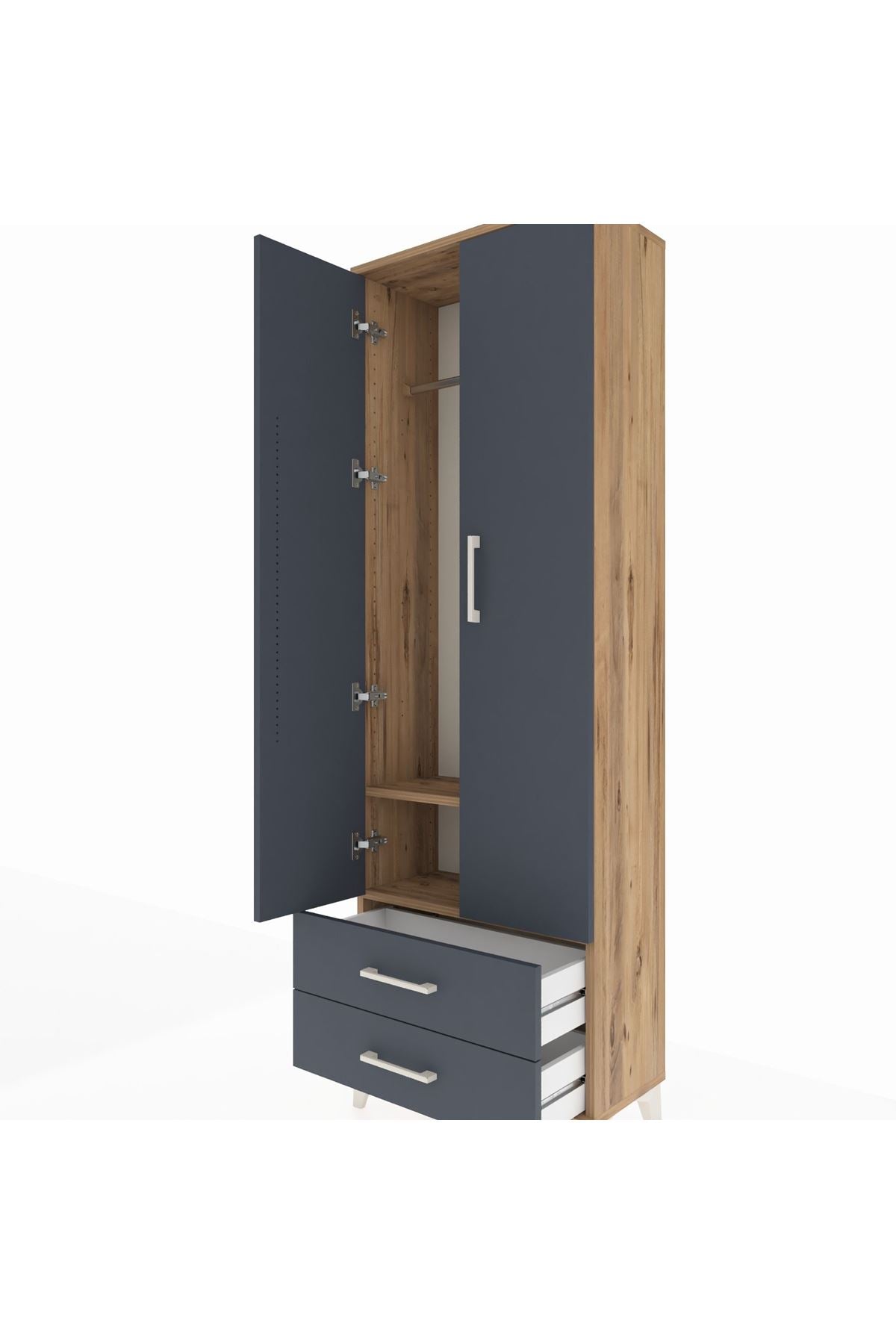 Arges Dolap 2 Raflı 2 Çekmeceli Tek Askılı 60x30x182 Çam-Antrasit