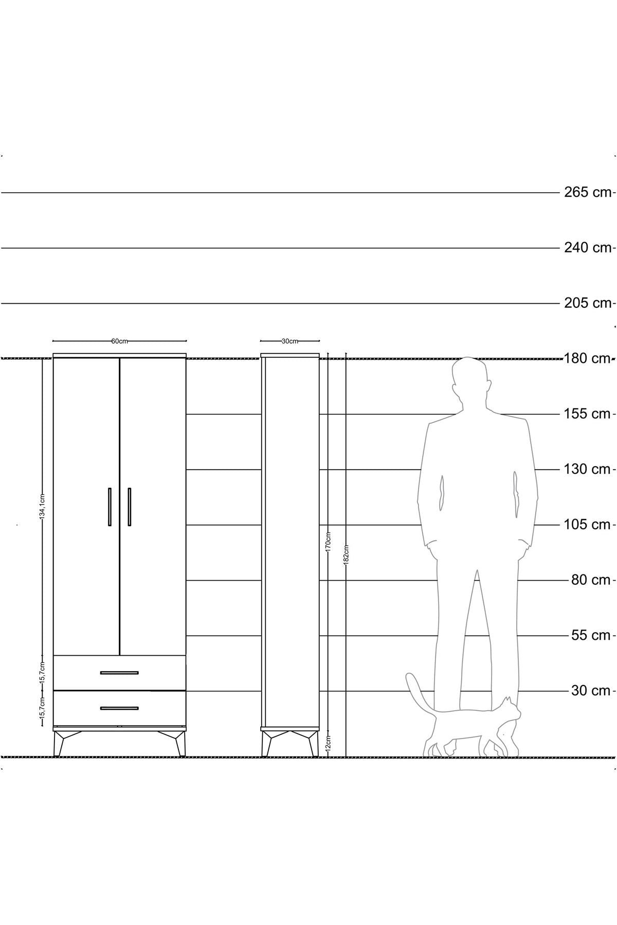 Arges Dolap 2 Raflı 2 Çekmeceli Tek Askılı 60x30x182 Çam-Antrasit