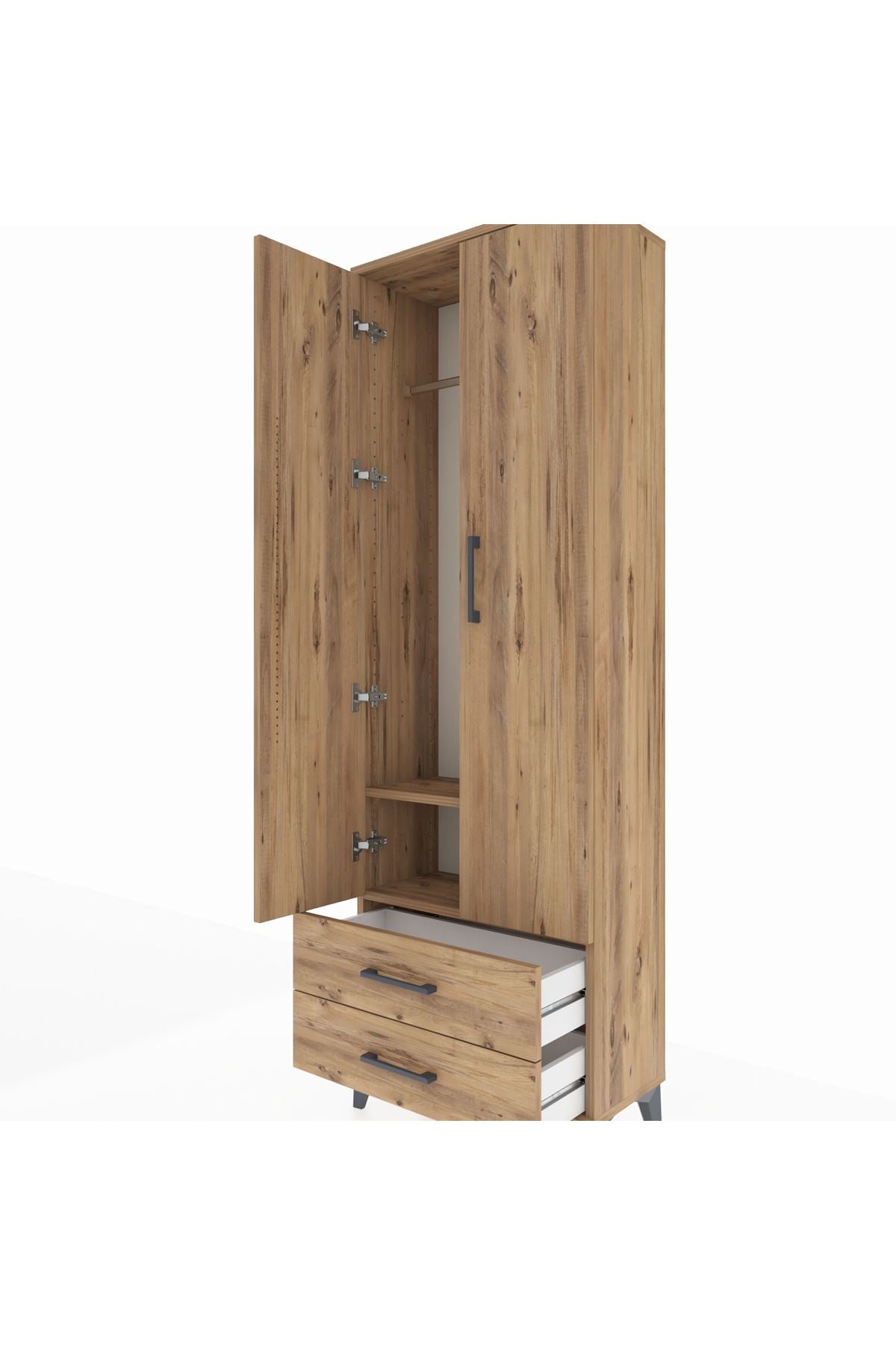 Arges Dolap 2 Raflı 2 Çekmeceli Tek Askılı 60x30x182 Çam-Çam