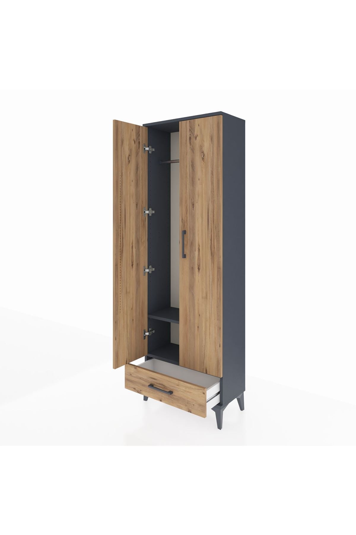 Arges Dolap 2 Raflı Tek Çekmeceli Tek Askılı 60x30x182 Antrasit-Çam