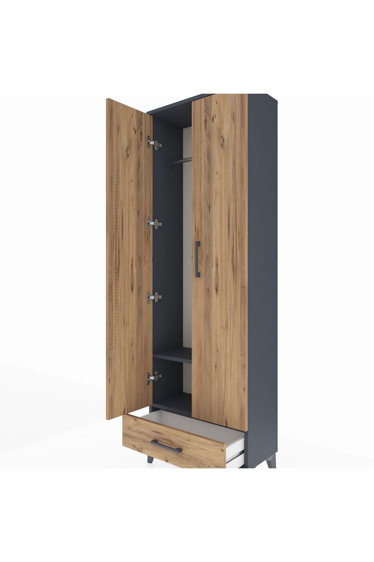 Arges Dolap 2 Raflı Tek Çekmeceli Tek Askılı 60x30x182 Antrasit-Çam