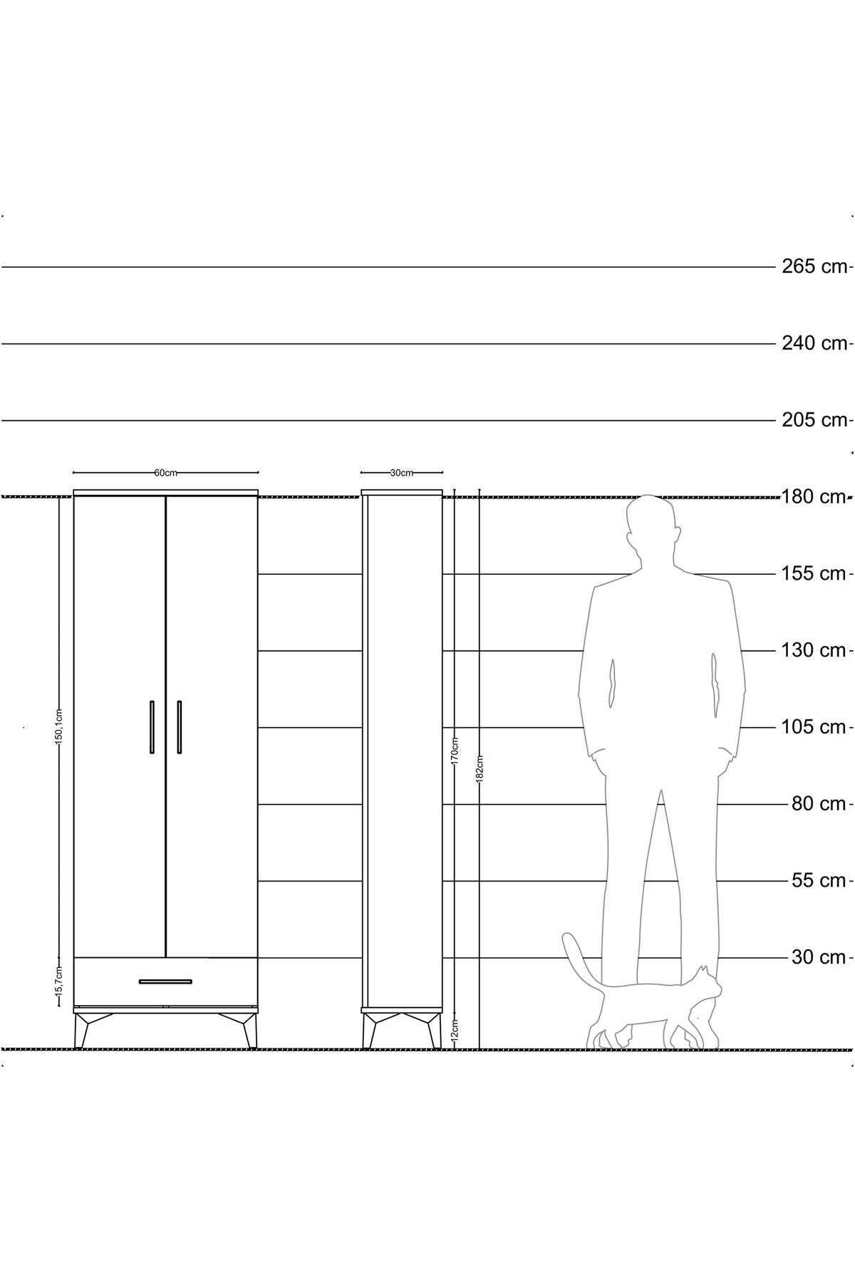 Arges Dolap 2 Raflı Tek Çekmeceli Tek Askılı 60x30x182 Çam-Antrasit