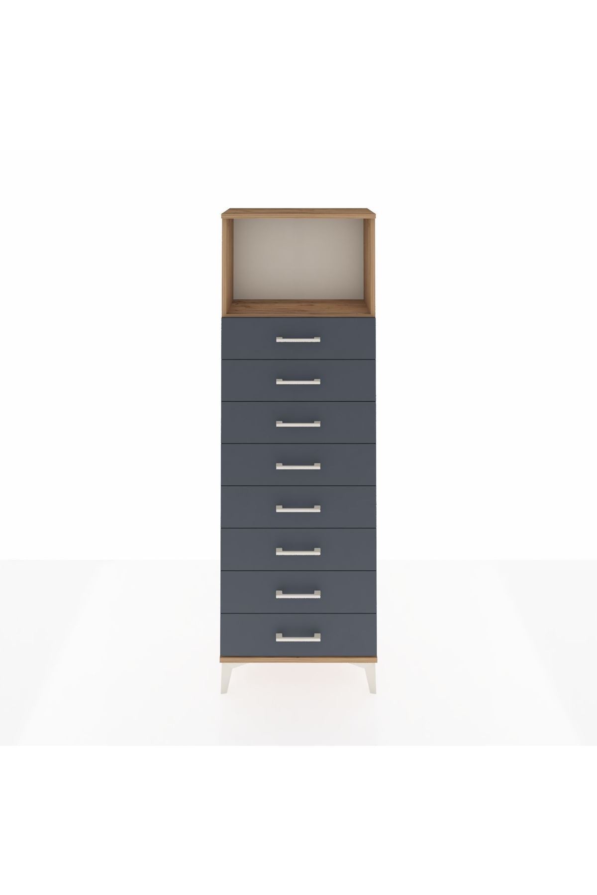 Arges Dolap Tek Raflı 8 Çekmeceli 60x30x182 Çam-Antrasit