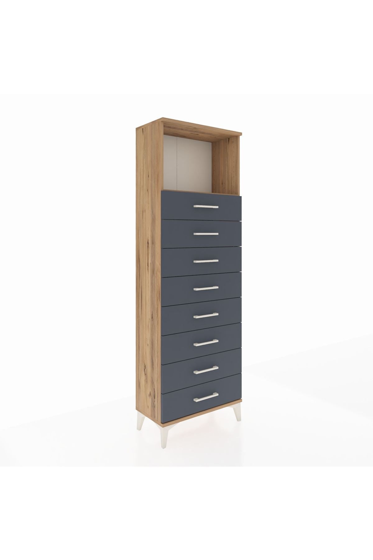 Arges Dolap Tek Raflı 8 Çekmeceli 60x30x182 Çam-Antrasit