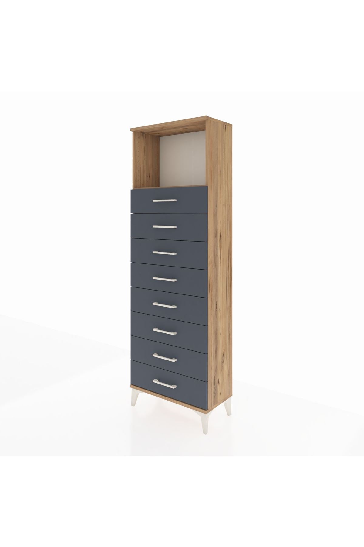 Arges Dolap Tek Raflı 8 Çekmeceli 60x30x182 Çam-Antrasit