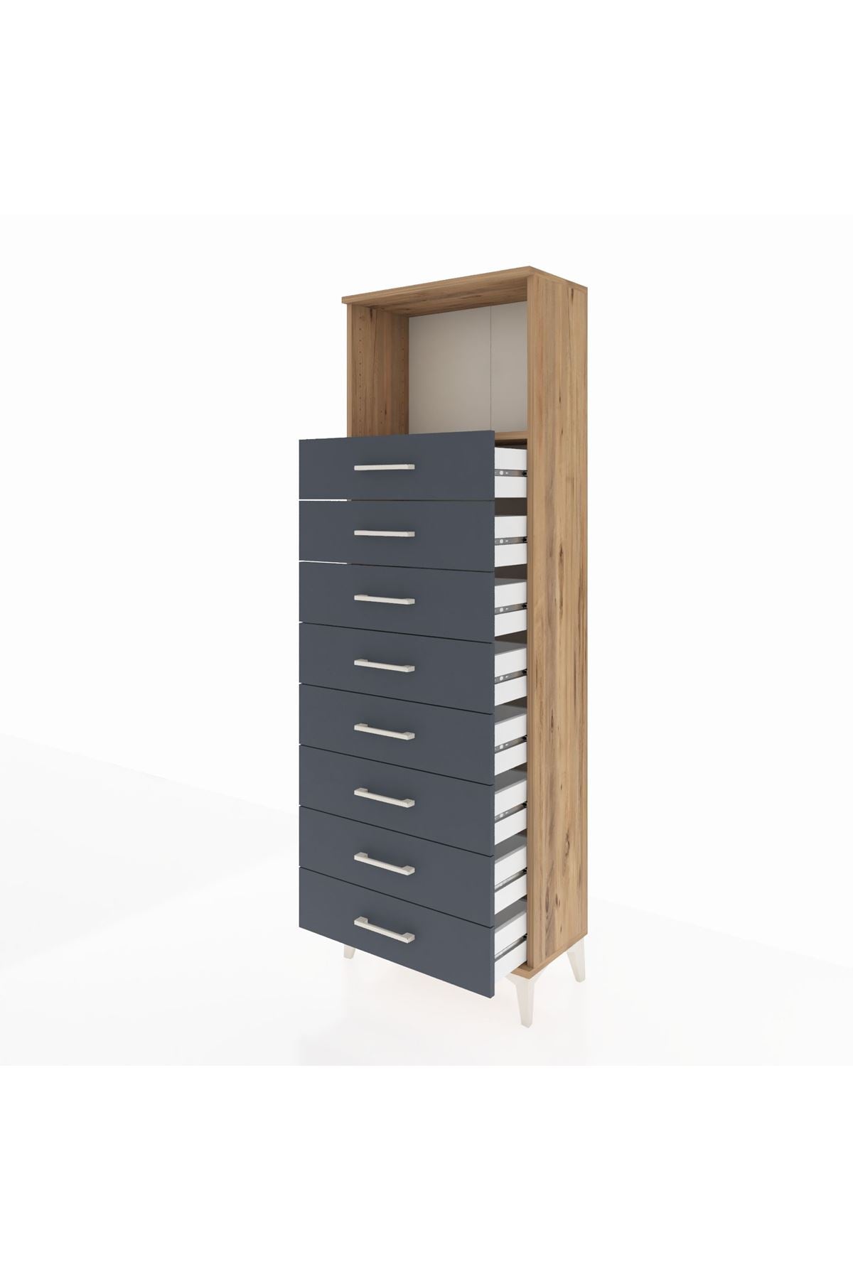 Arges Dolap Tek Raflı 8 Çekmeceli 60x30x182 Çam-Antrasit