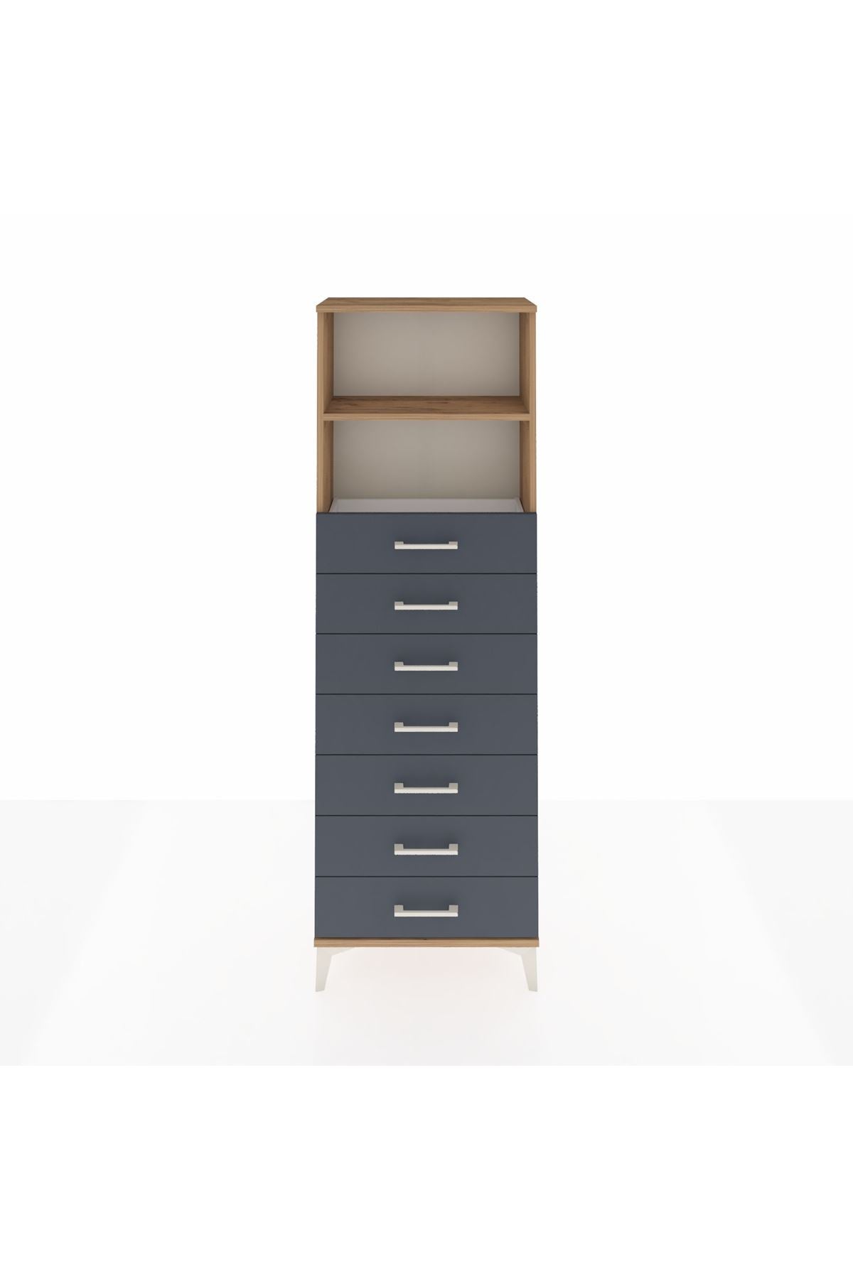 Arges Dolap 2 Raflı 7 Çekmeceli 60x30x182 Çam-Antrasit