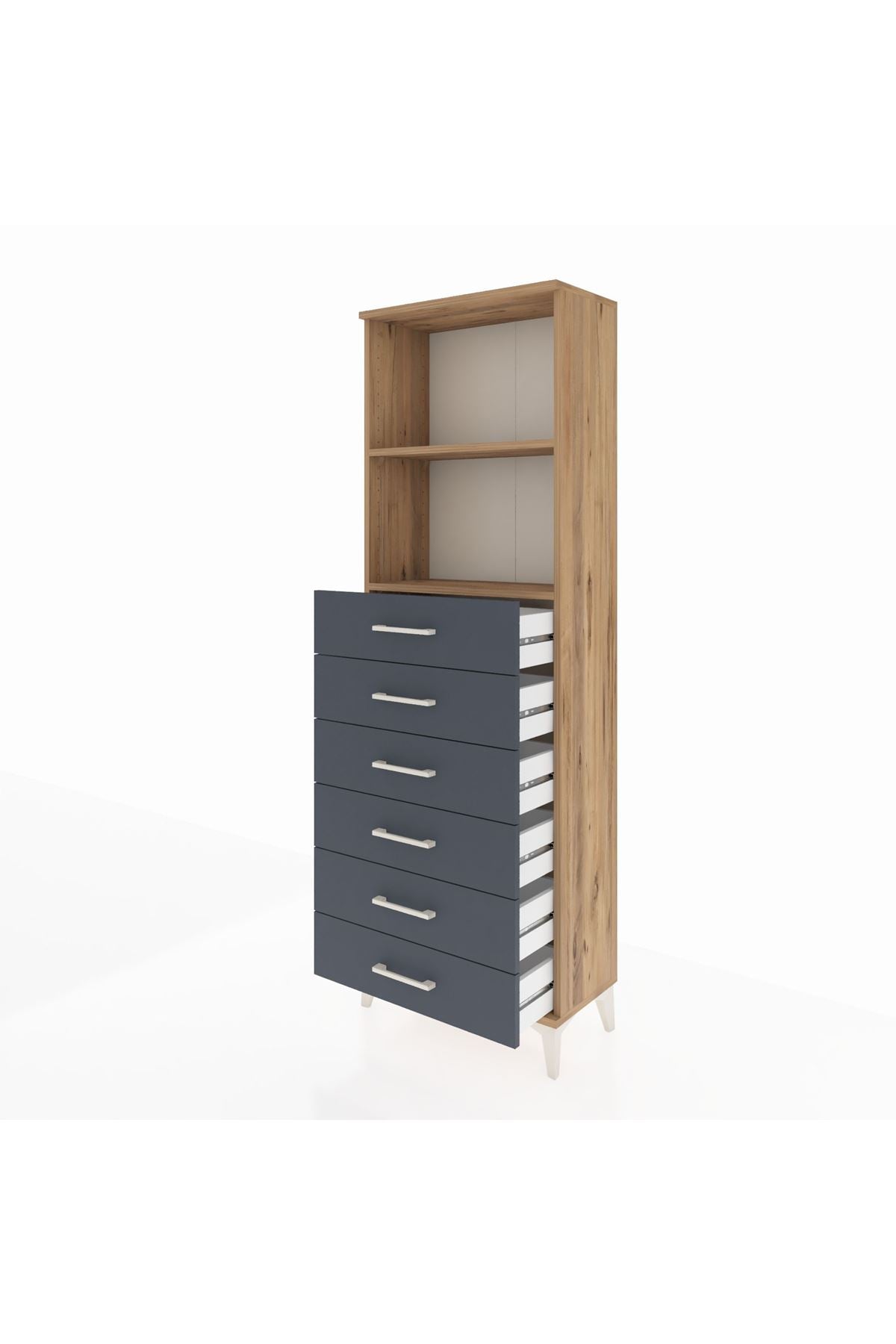 Arges Dolap 2 Raflı 6 Çekmeceli 60x30x182 Çam-Antrasit