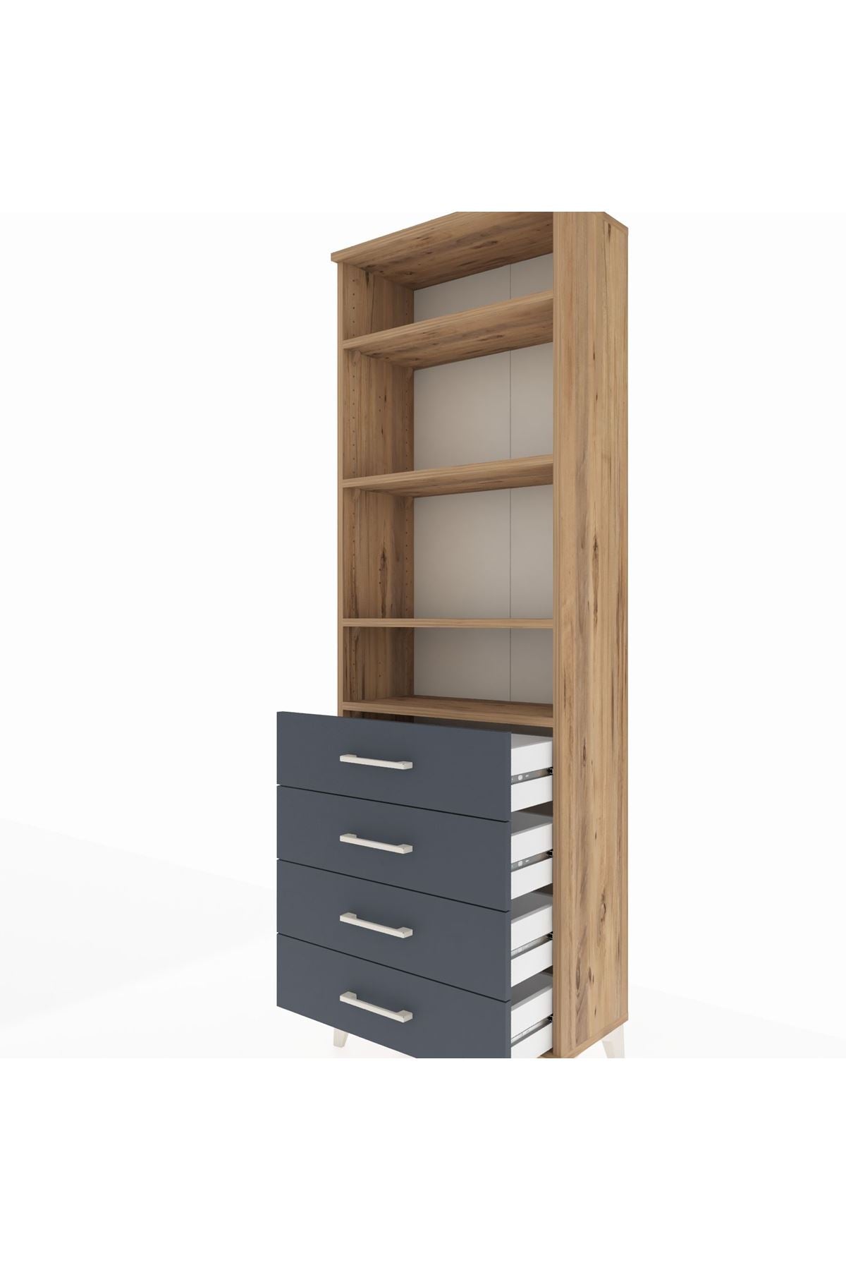 Arges Dolap 4 Raflı 4 Çekmeceli 60x30x182 Çam-Antrasit