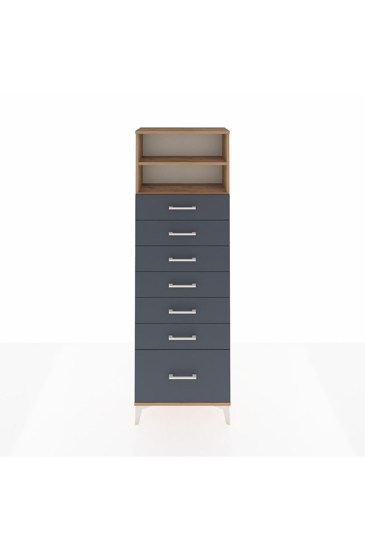 Arges Dolap 2 Raflı 7 Çekmeceli 60x30x182 Çam-Antrasit