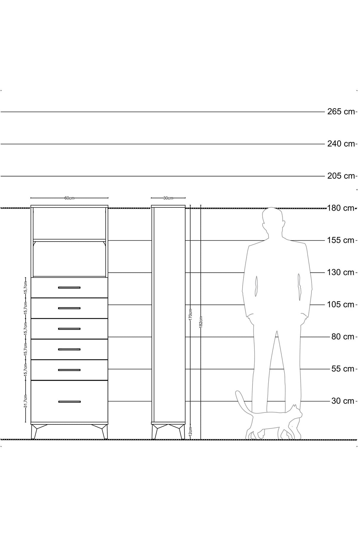 Arges Dolap 2 Raflı 6 Çekmeceli 60x30x182 Antrasit-Çam