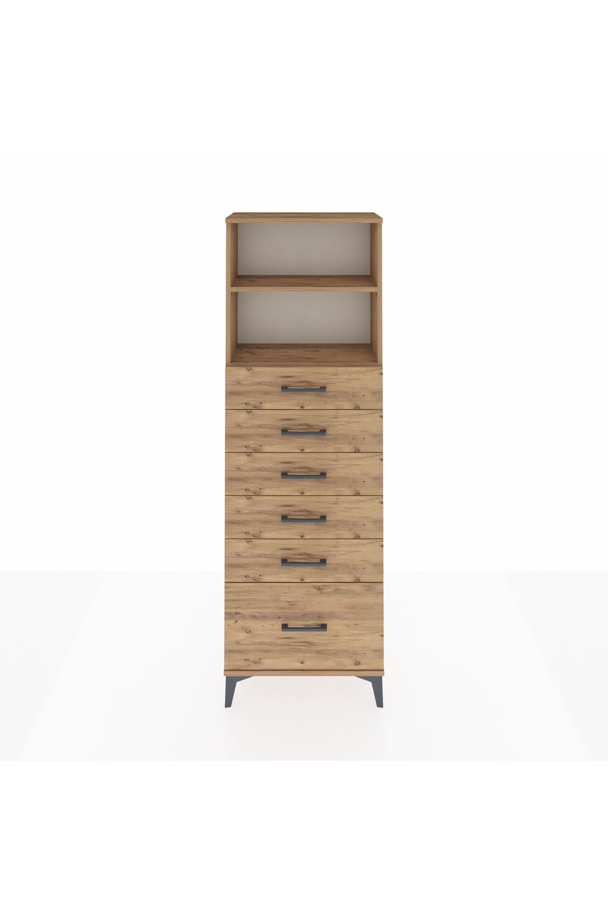 Arges Dolap 2 Raflı 6 Çekmeceli 60x30x182 Çam-Çam