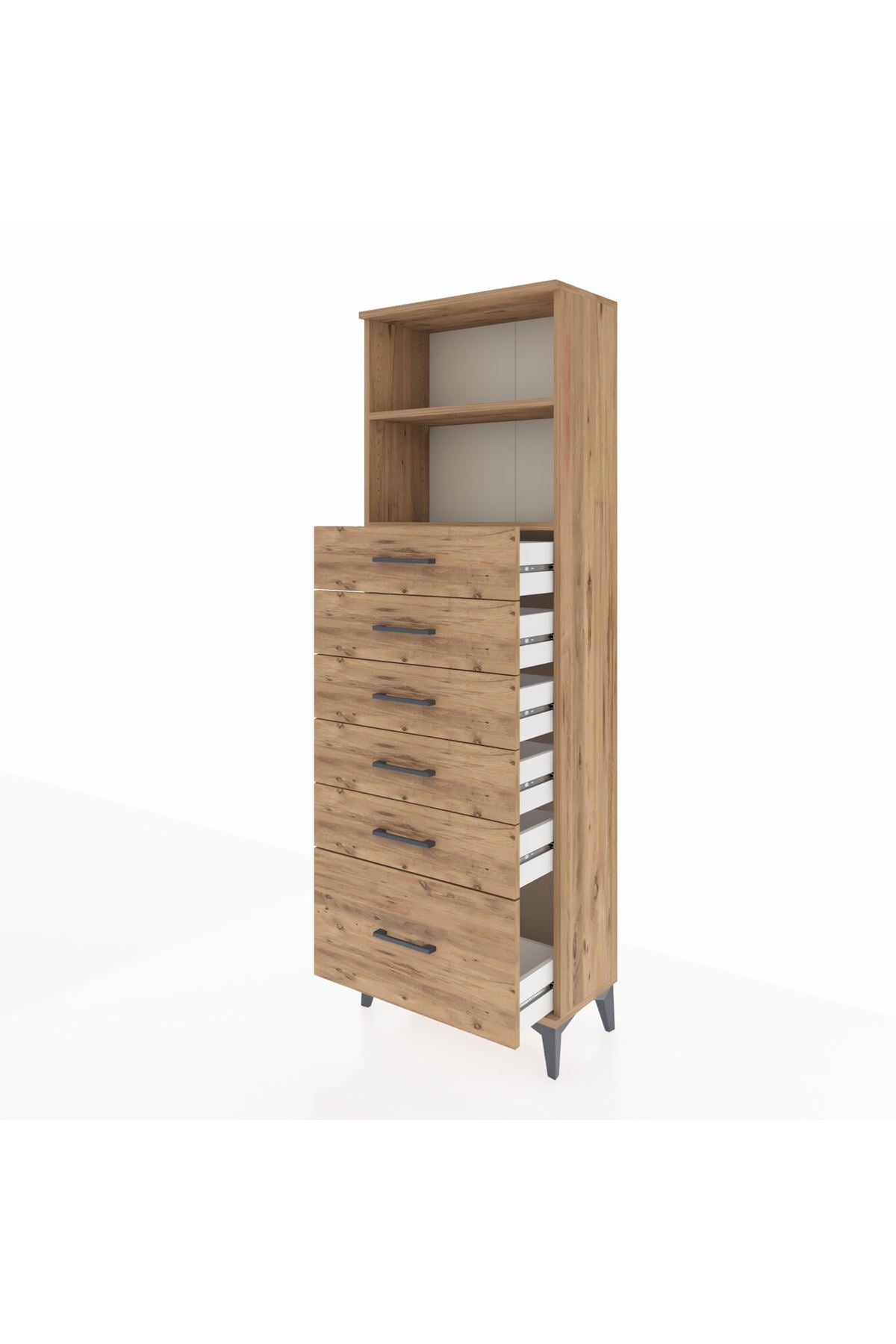 Arges Dolap 2 Raflı 6 Çekmeceli 60x30x182 Çam-Çam