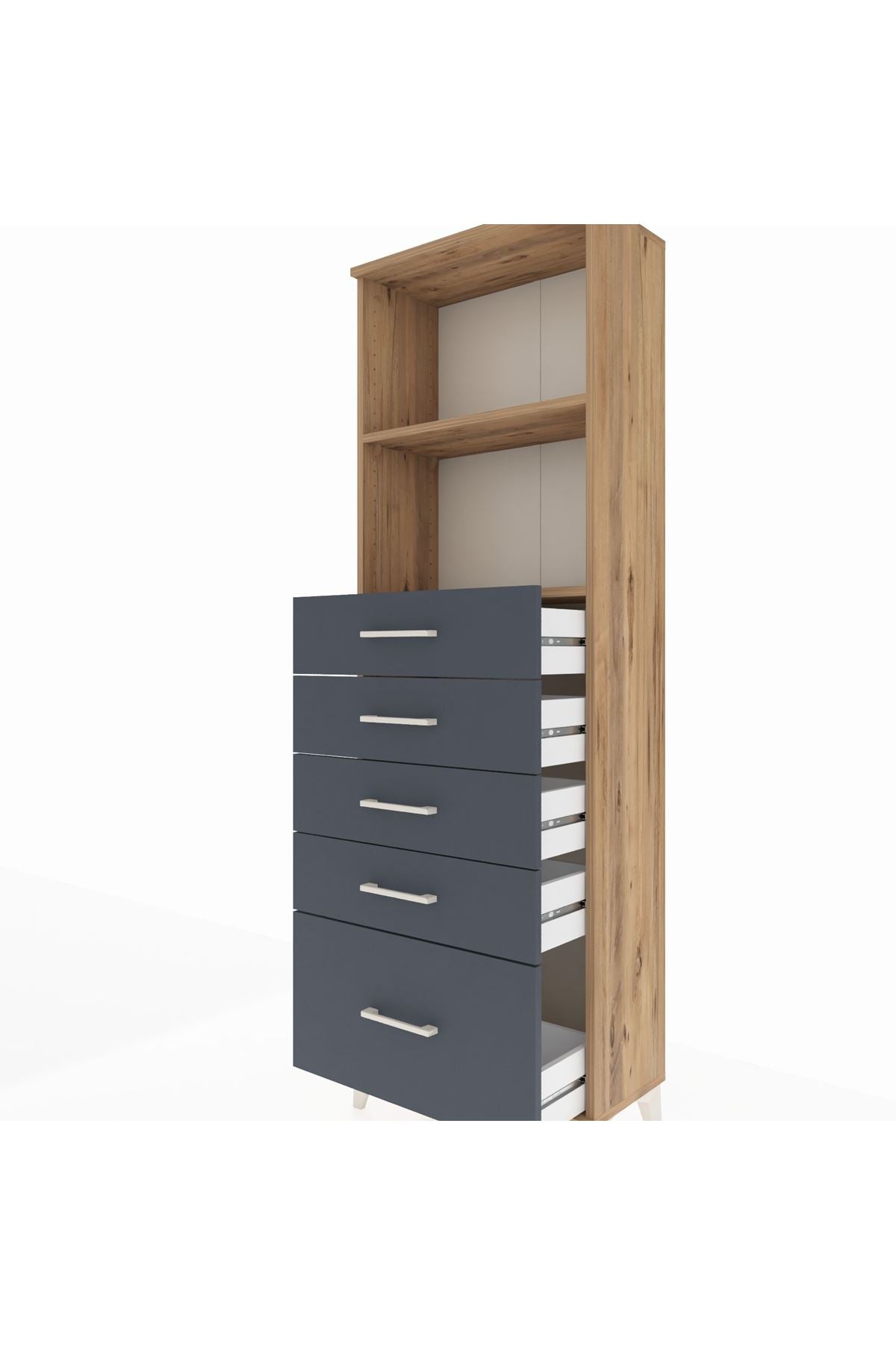 Arges Dolap 2 Raflı 5 Çekmeceli 60x30x182 Çam-Antrasit