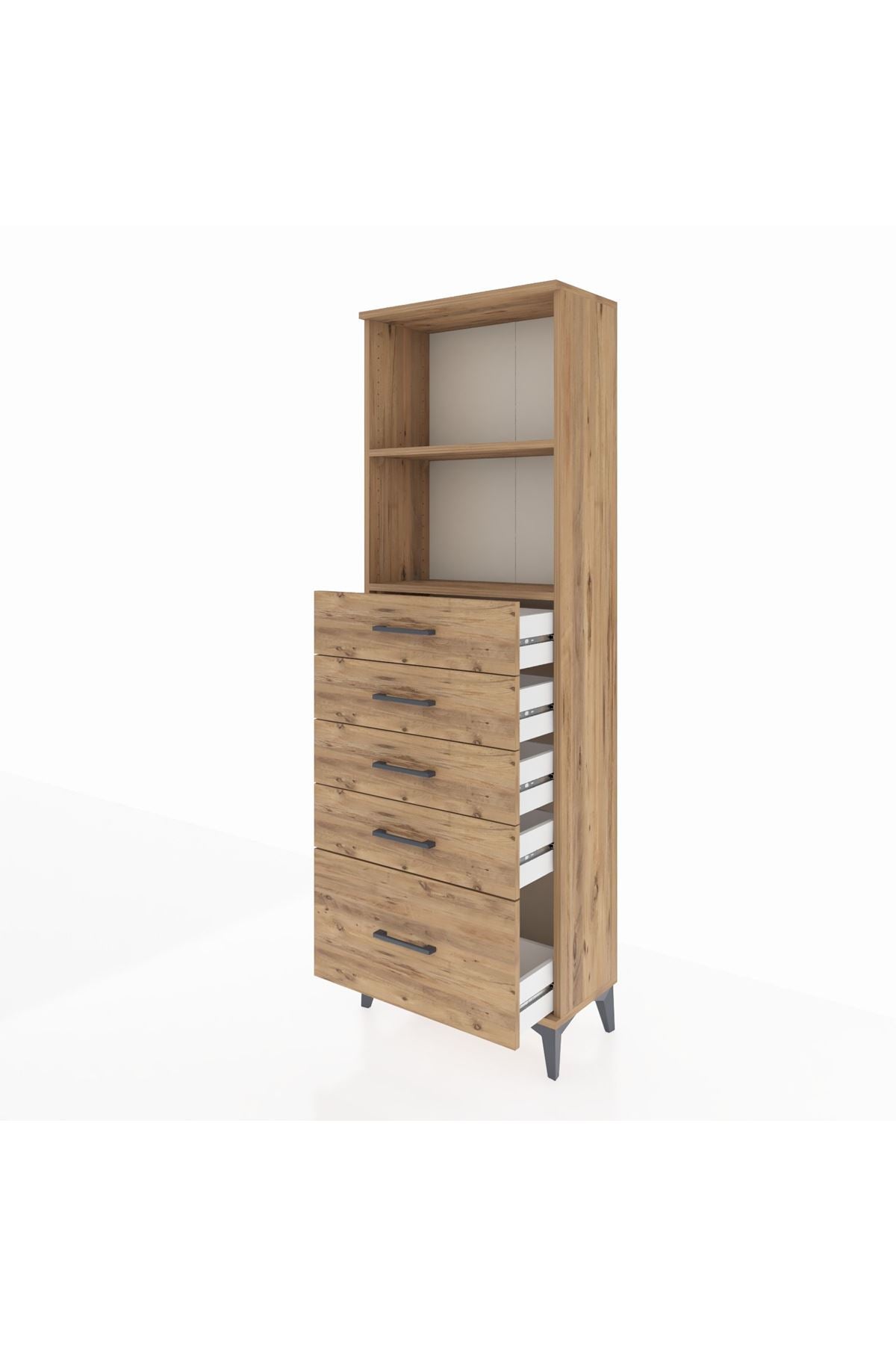 Arges Dolap 2 Raflı 5 Çekmeceli 60x30x182 Çam-Çam