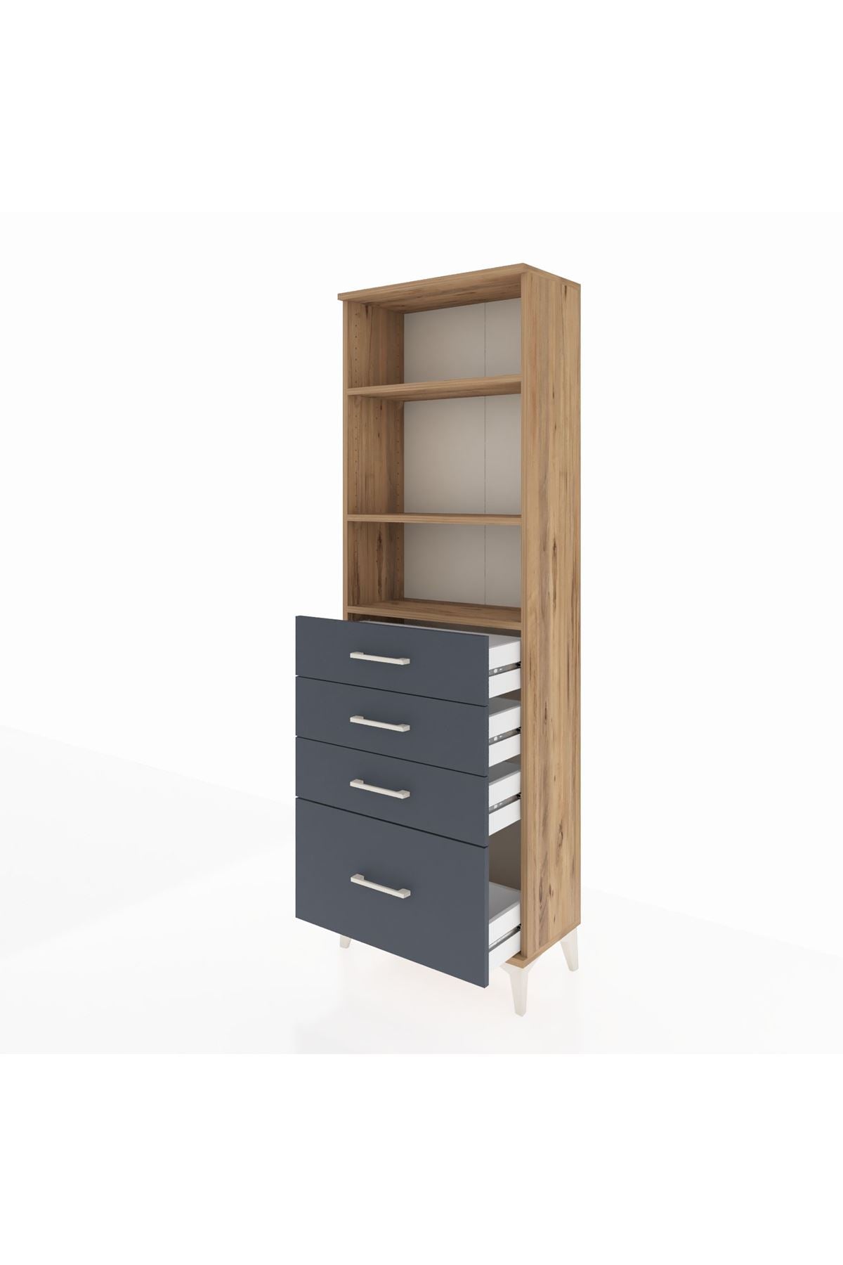 Arges Dolap 3 Raflı 4 Çekmeceli 60x30x182 Çam-Antrasit