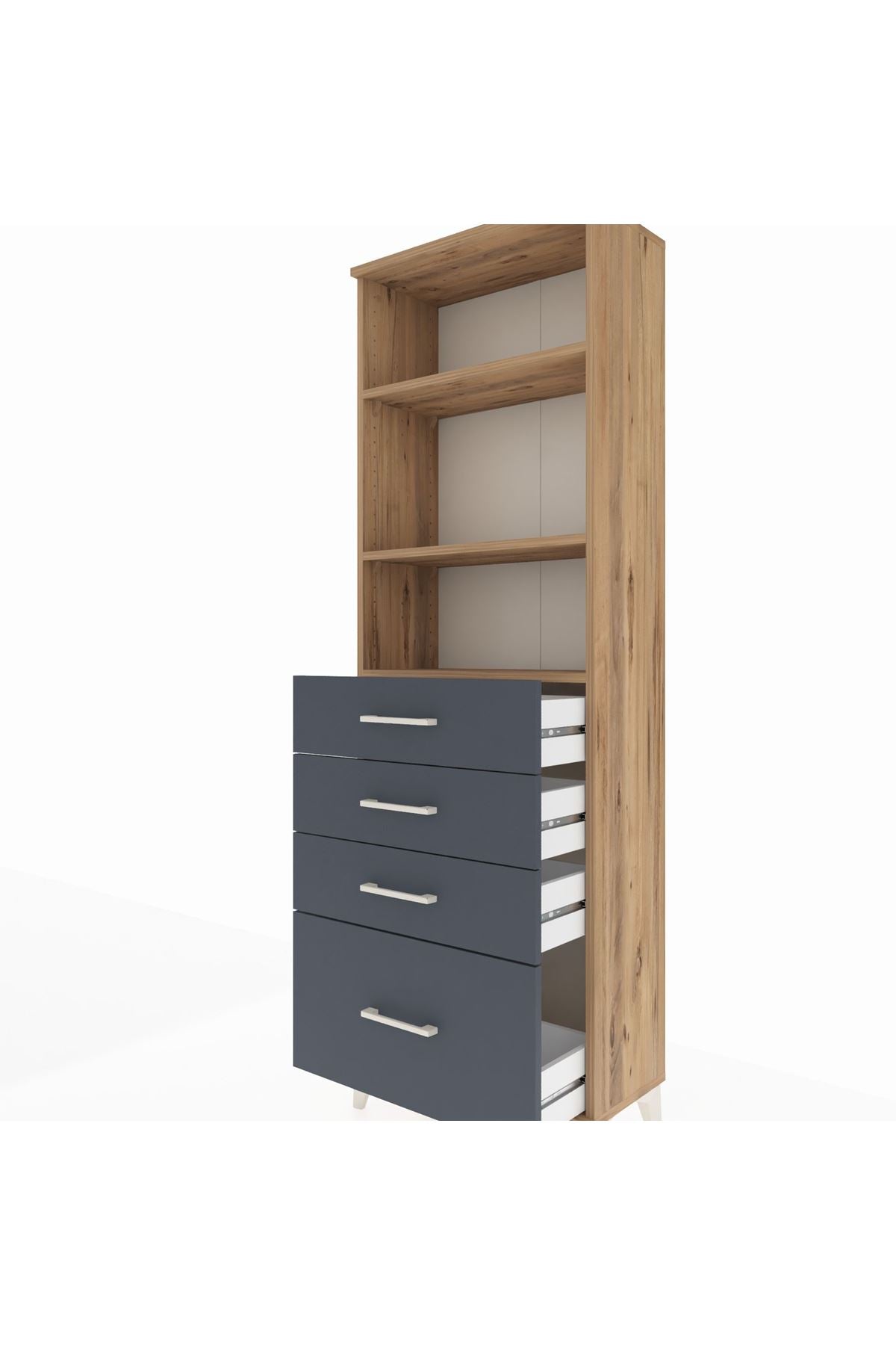 Arges Dolap 3 Raflı 4 Çekmeceli 60x30x182 Çam-Antrasit