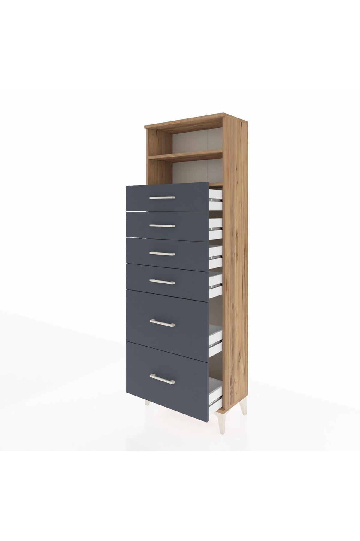 Arges Dolap 2 Raflı 6 Çekmeceli 60x30x182 Çam-Antrasit