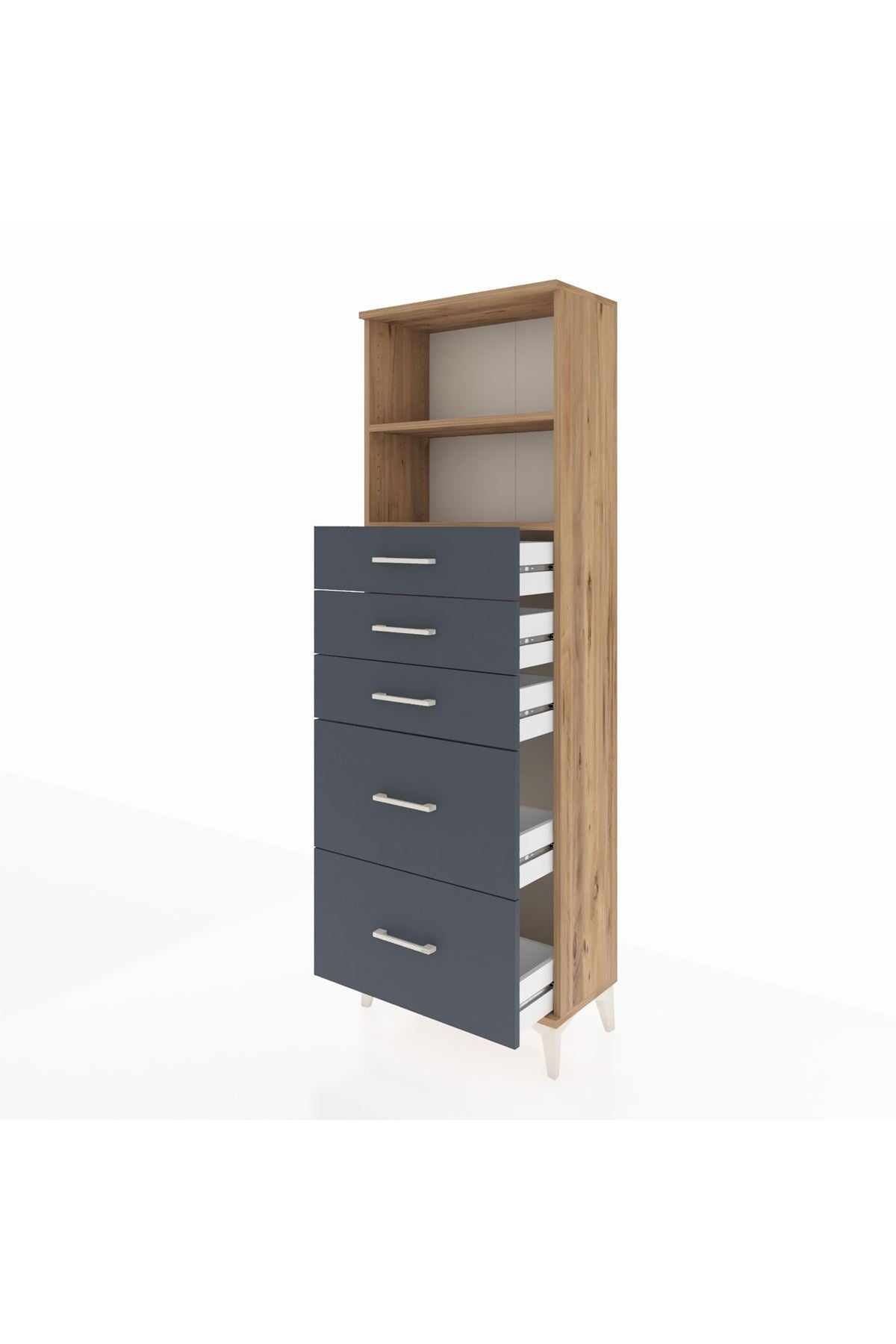 Arges Dolap 2 Raflı 5 Çekmeceli 60x30x182 Çam-Antrasit