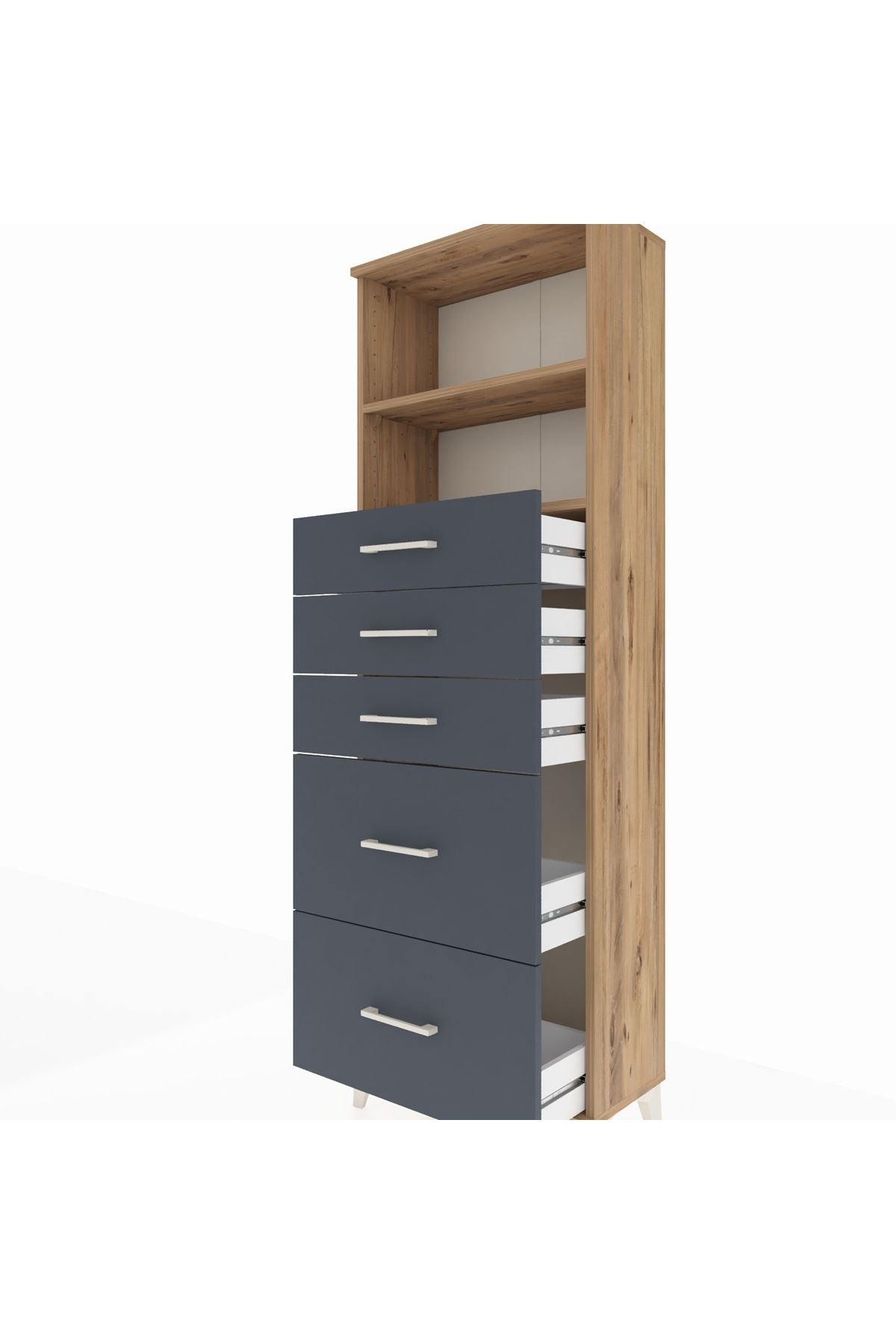 Arges Dolap 2 Raflı 5 Çekmeceli 60x30x182 Çam-Antrasit