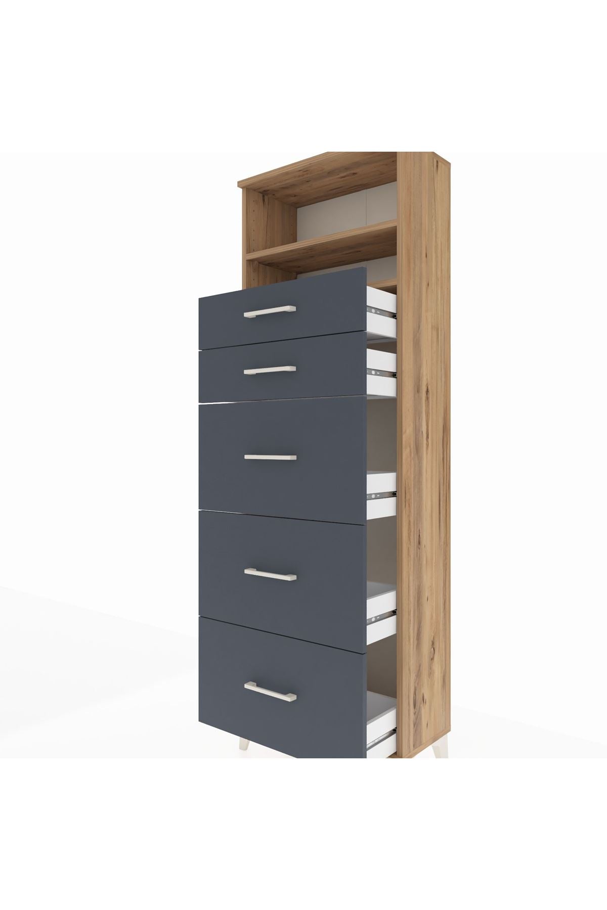 Arges Dolap 2 Raflı 5 Çekmeceli 60x30x182 Çam-Antrasit