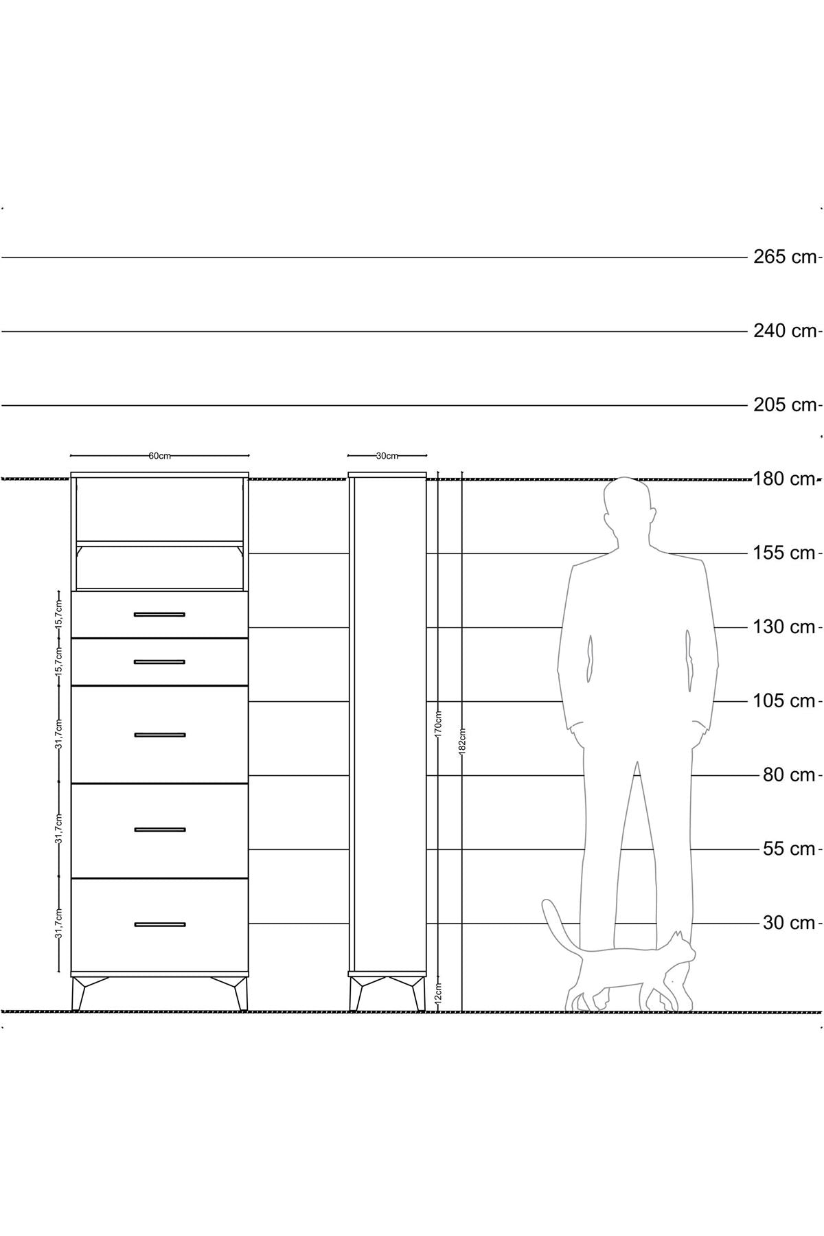 Arges Dolap 2 Raflı 5 Çekmeceli 60x30x182 Çam-Antrasit