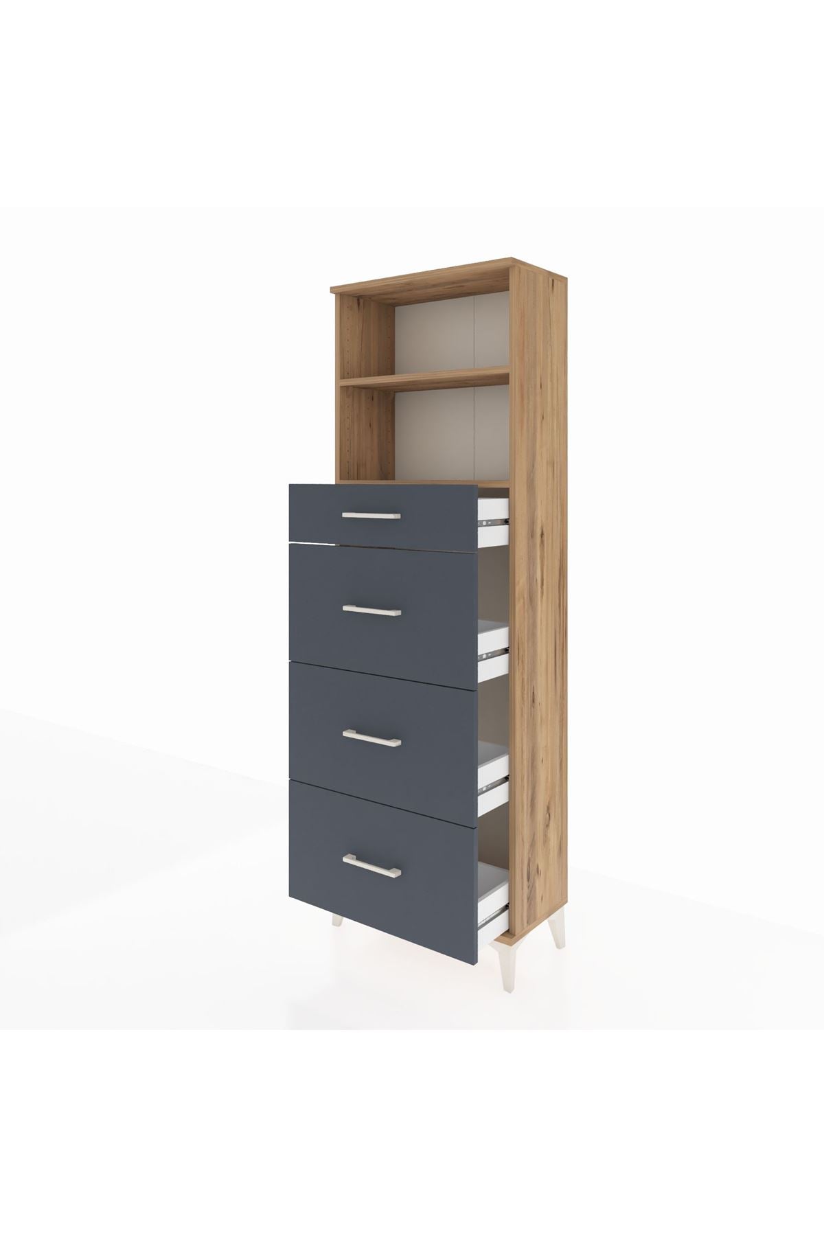 Arges Dolap 2 Raflı 4 Çekmeceli 60x30x182 Çam-Antrasit