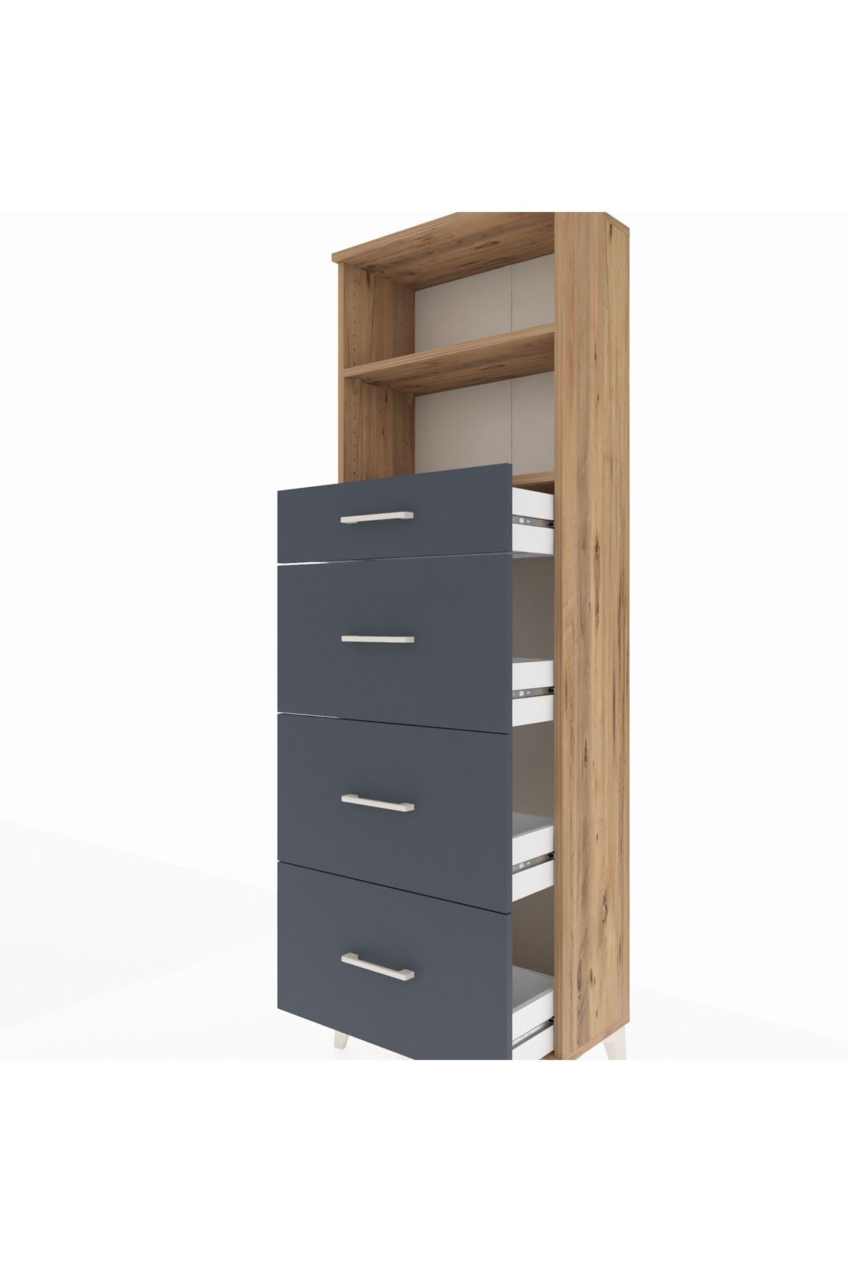 Arges Dolap 2 Raflı 4 Çekmeceli 60x30x182 Çam-Antrasit