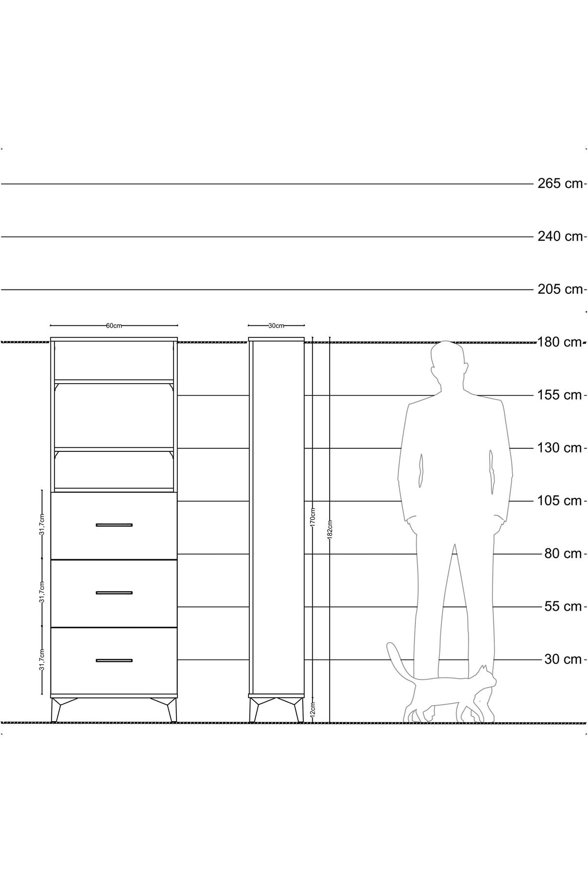 Arges Dolap 3 Raflı 3 Çekmeceli 60x30x182 Çam-Çam