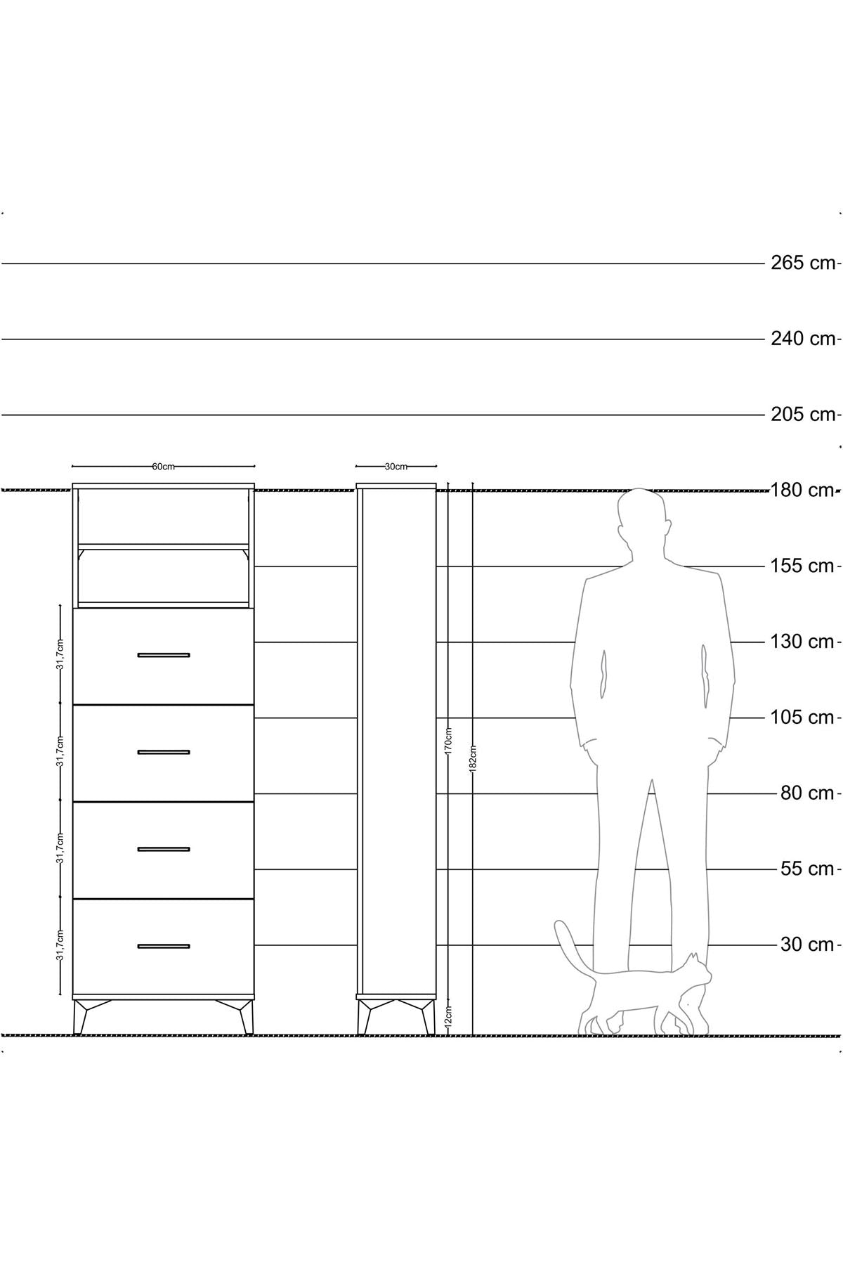 Arges Dolap 2 Raflı 4 Çekmeceli 60x30x182 Antrasit-Çam
