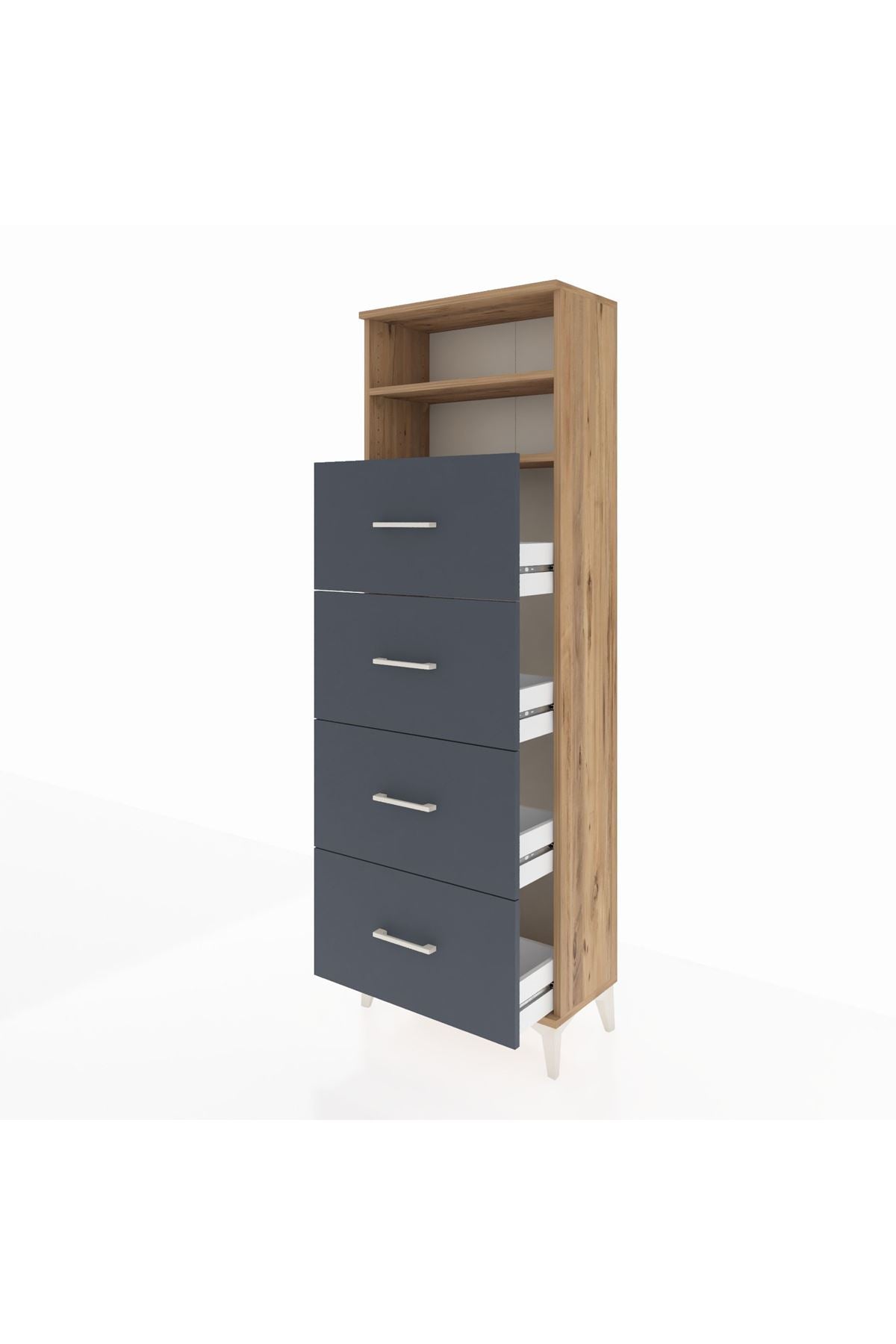 Arges Dolap 2 Raflı 4 Çekmeceli 60x30x182 Çam-Antrasit