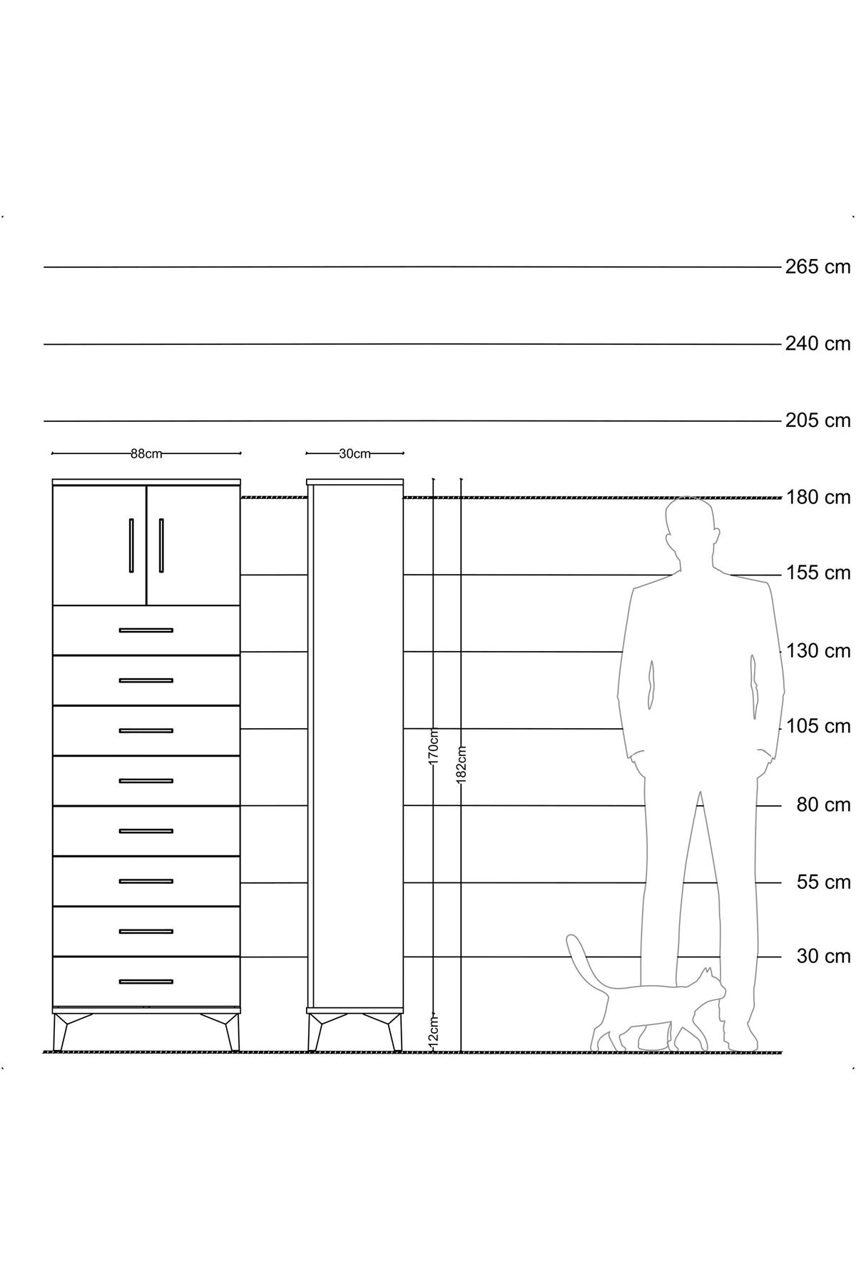 Arges Dolap Tek Raflı 8 Çekmeceli 2 Kapaklı 88x30x182 Aytaşı-Antrasit
