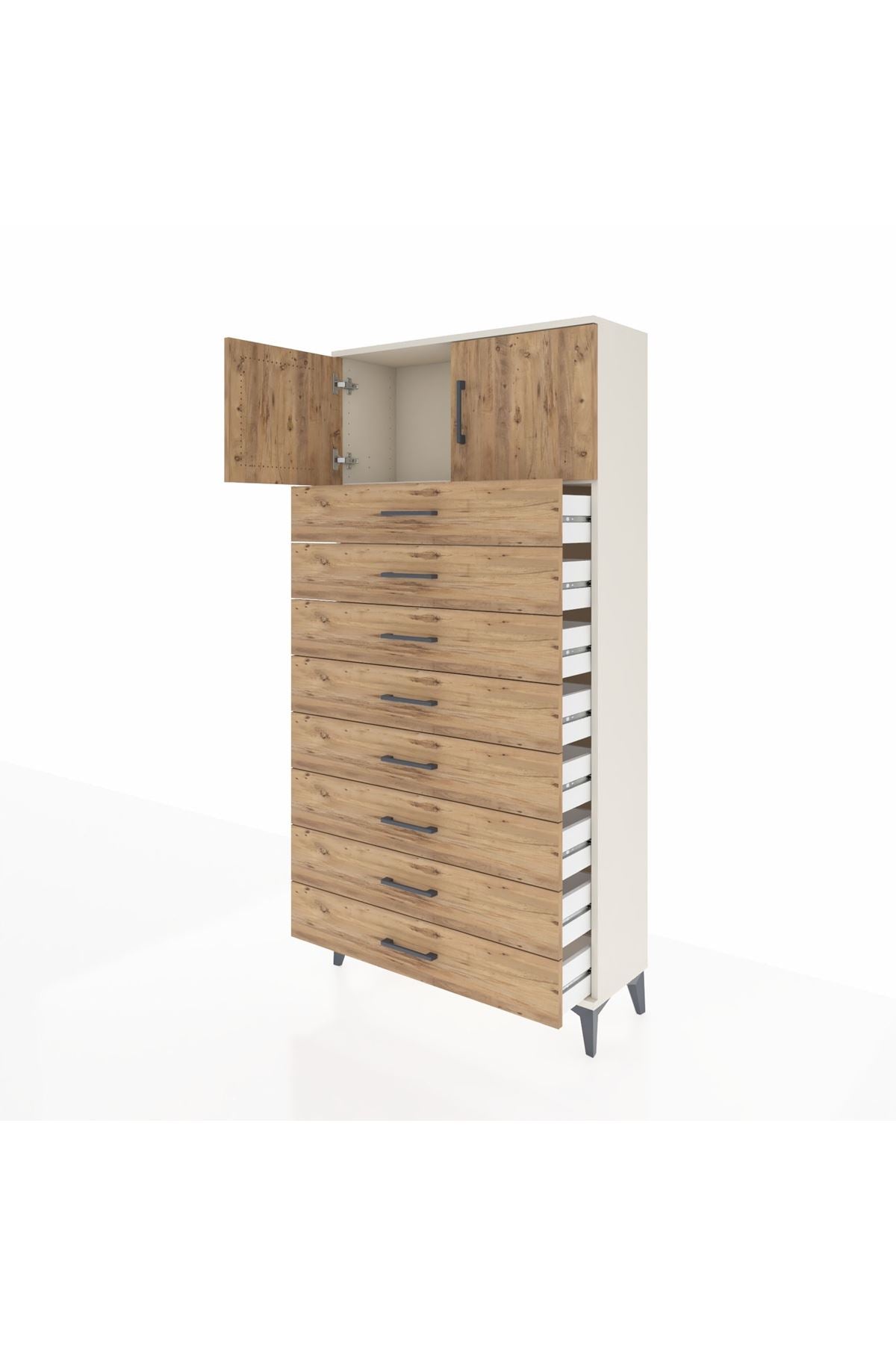 Arges Dolap Tek Raflı 8 Çekmeceli 2 Kapaklı 88x30x182 Aytaşı-Çam