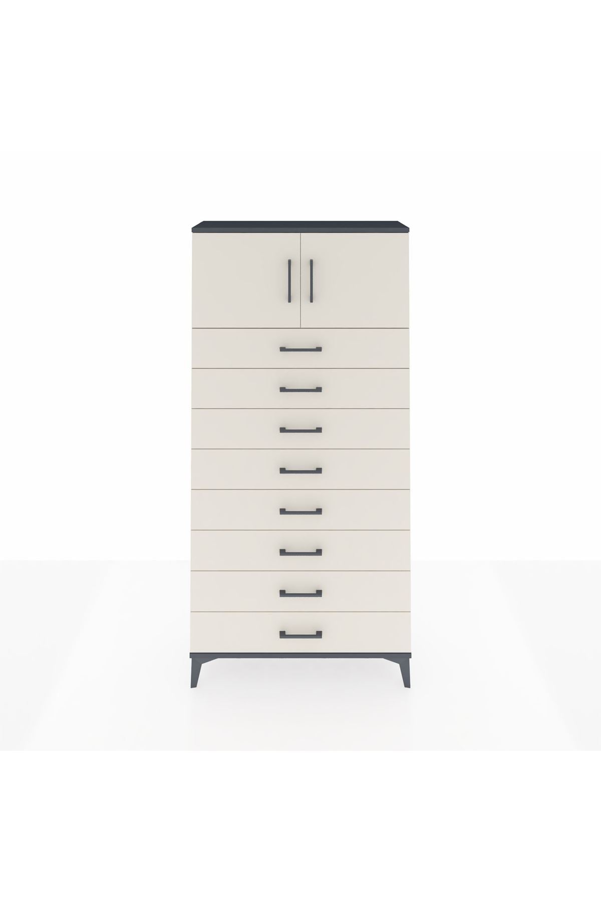 Arges Dolap Tek Raflı 8 Çekmeceli 2 Kapaklı 88x30x182 Antrasit-Aytaşı