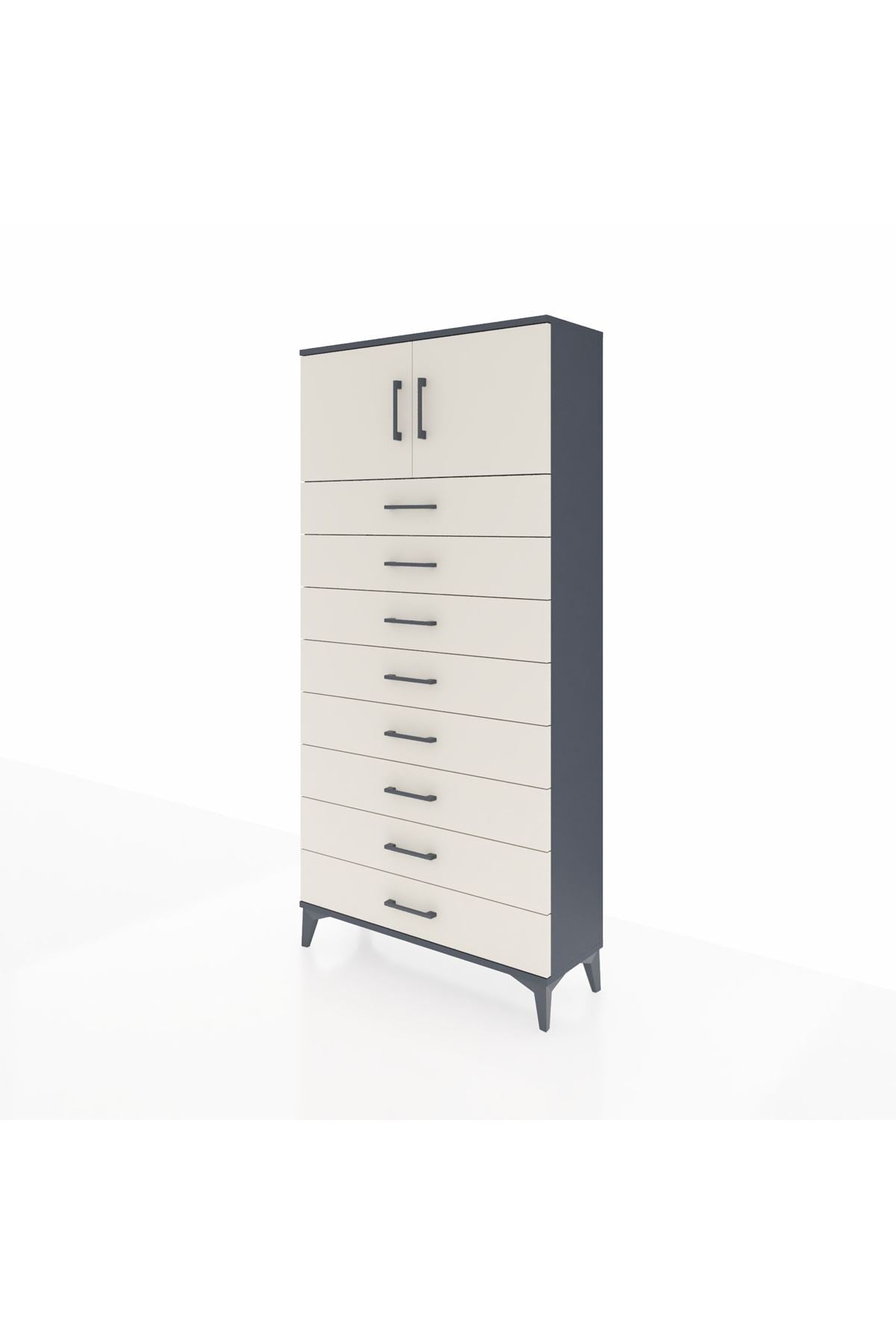 Arges Dolap Tek Raflı 8 Çekmeceli 2 Kapaklı 88x30x182 Antrasit-Aytaşı