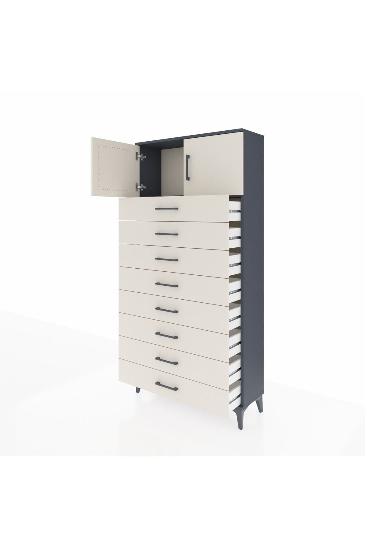 Arges Dolap Tek Raflı 8 Çekmeceli 2 Kapaklı 88x30x182 Antrasit-Aytaşı