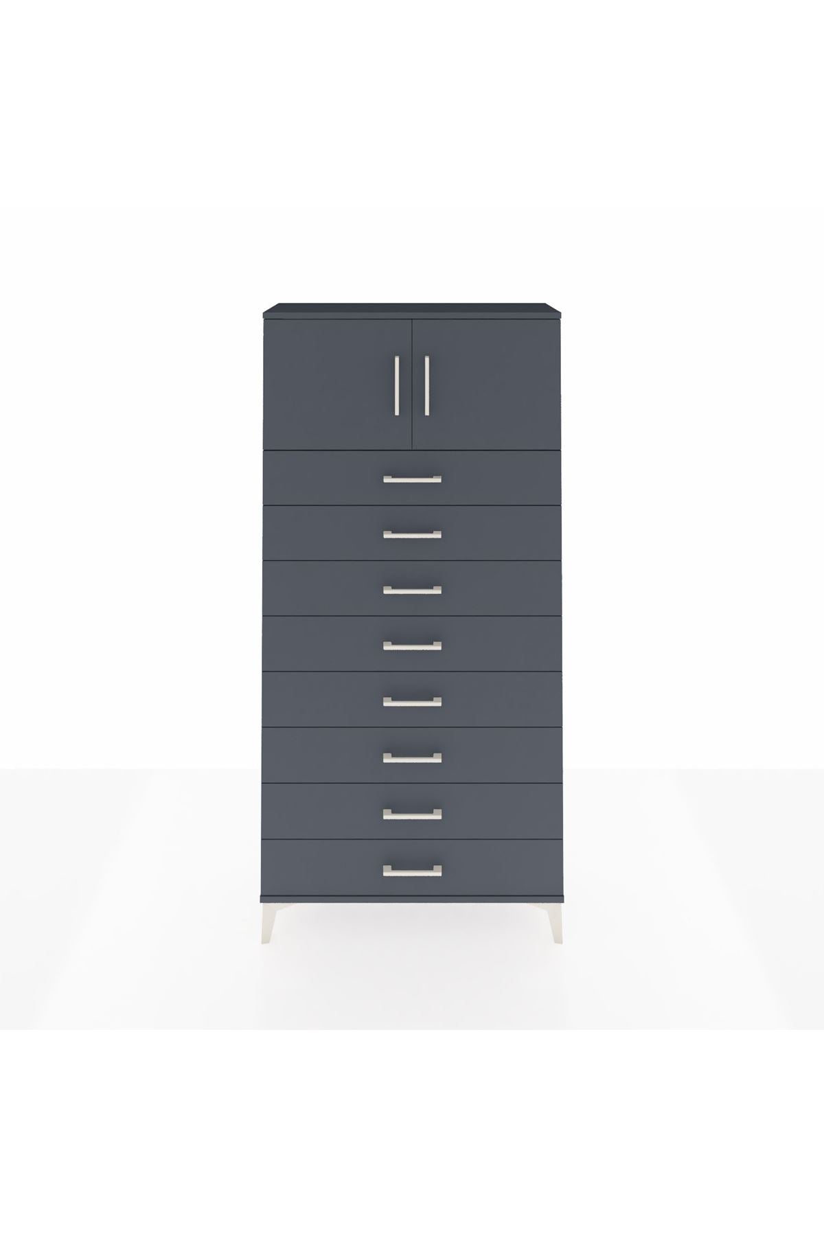 Arges Dolap Tek Raflı 8 Çekmeceli 2 Kapaklı 88x30x182 Antrasit-Antrasit