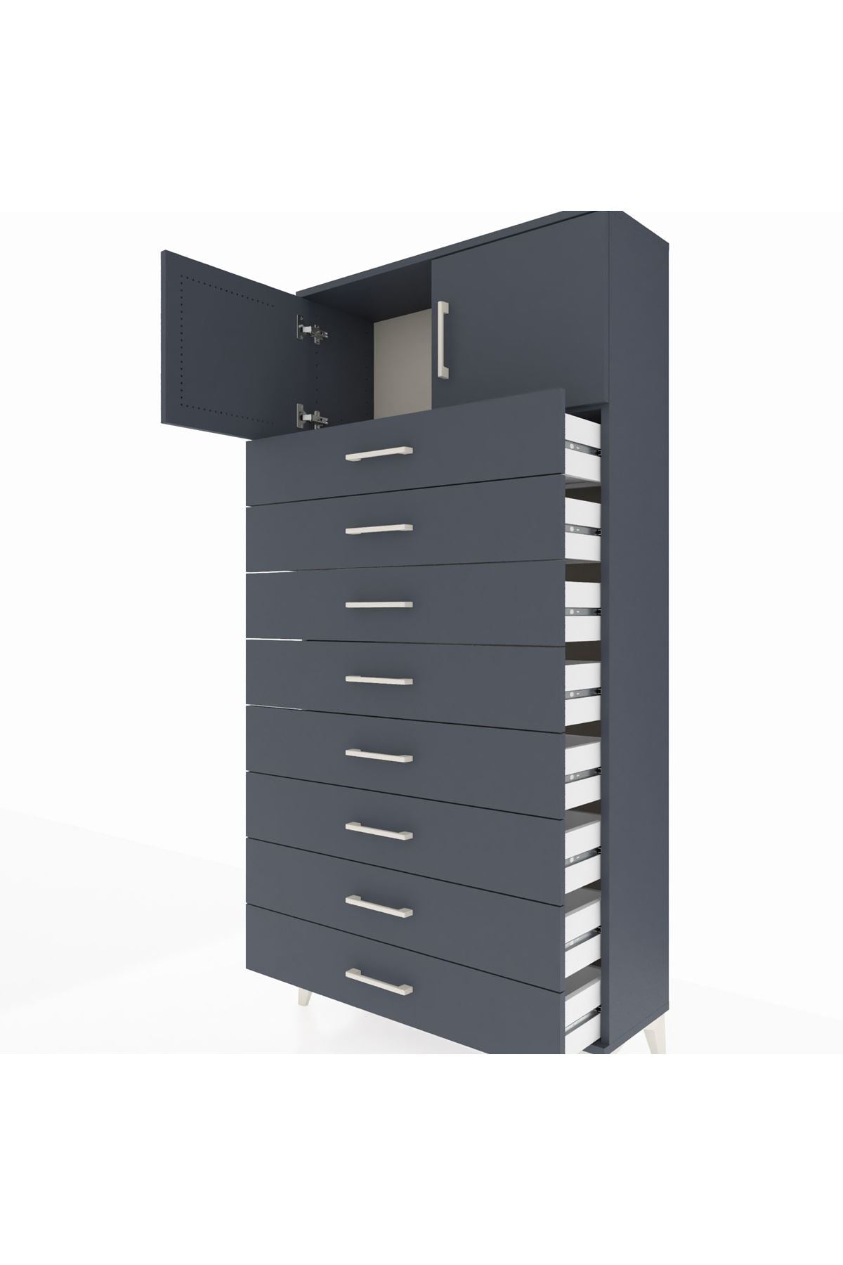 Arges Dolap Tek Raflı 8 Çekmeceli 2 Kapaklı 88x30x182 Antrasit-Antrasit