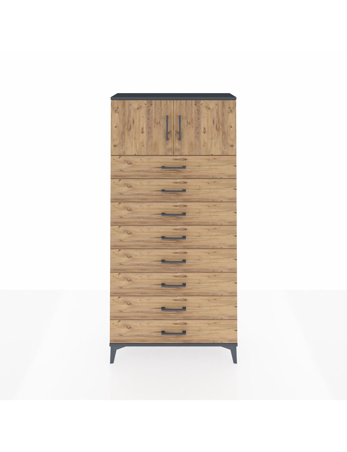 Arges Dolap Tek Raflı 8 Çekmeceli 2 Kapaklı 88x30x182 Antrasit-Çam