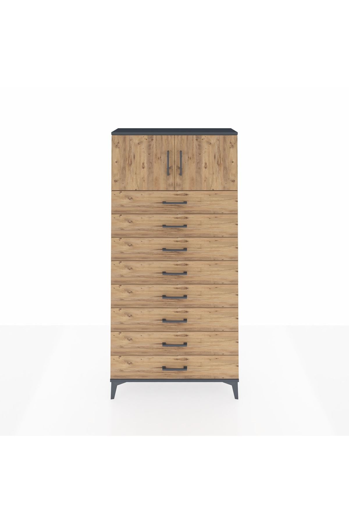 Arges Dolap Tek Raflı 8 Çekmeceli 2 Kapaklı 88x30x182 Antrasit-Çam