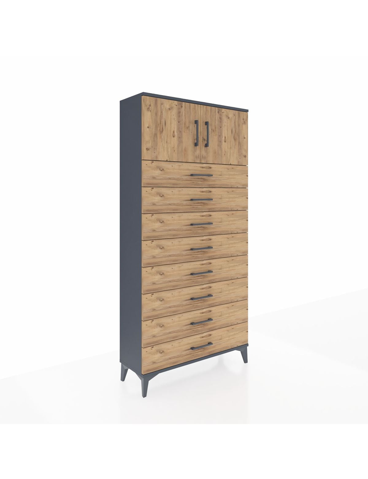 Arges Dolap Tek Raflı 8 Çekmeceli 2 Kapaklı 88x30x182 Antrasit-Çam