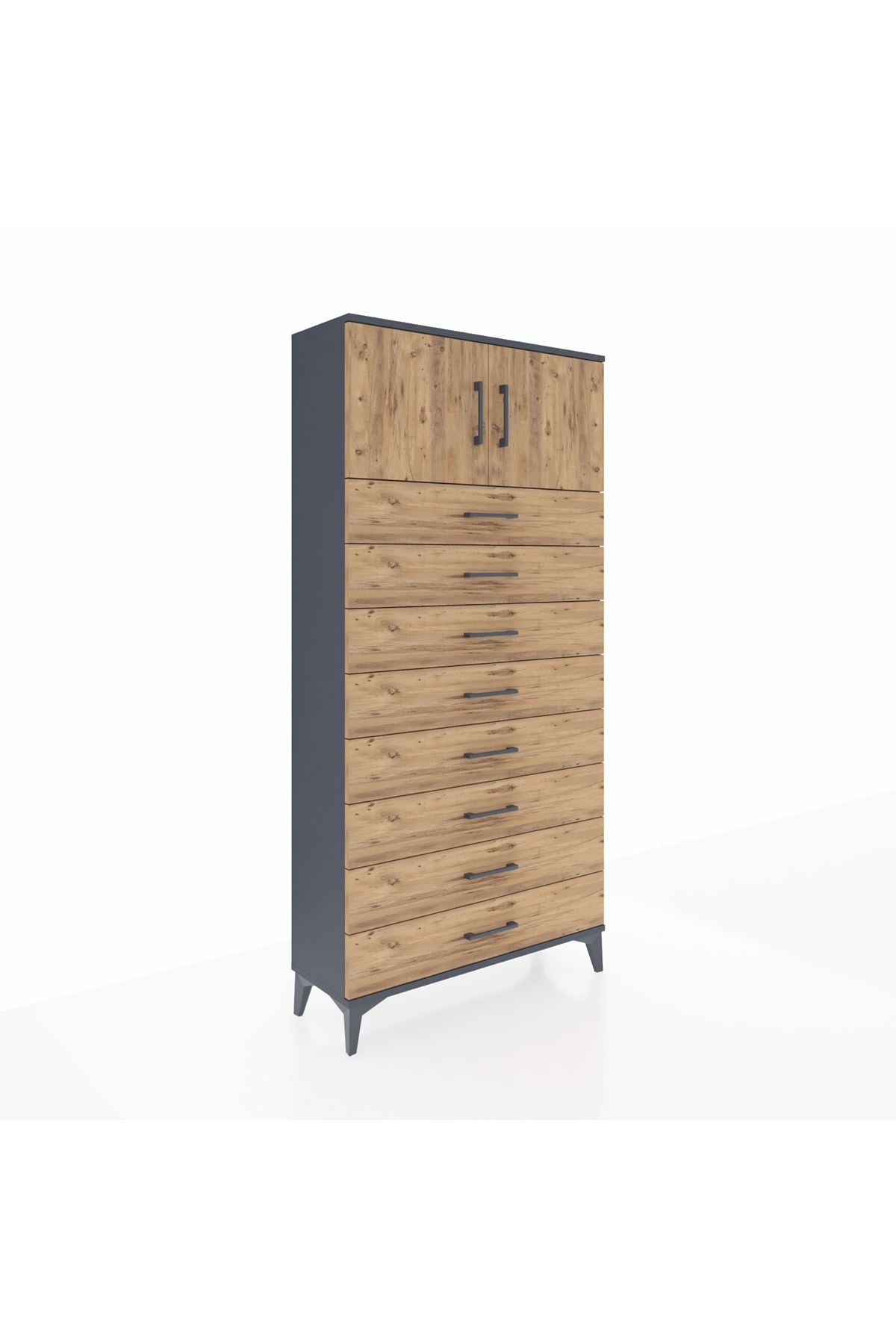 Arges Dolap Tek Raflı 8 Çekmeceli 2 Kapaklı 88x30x182 Antrasit-Çam